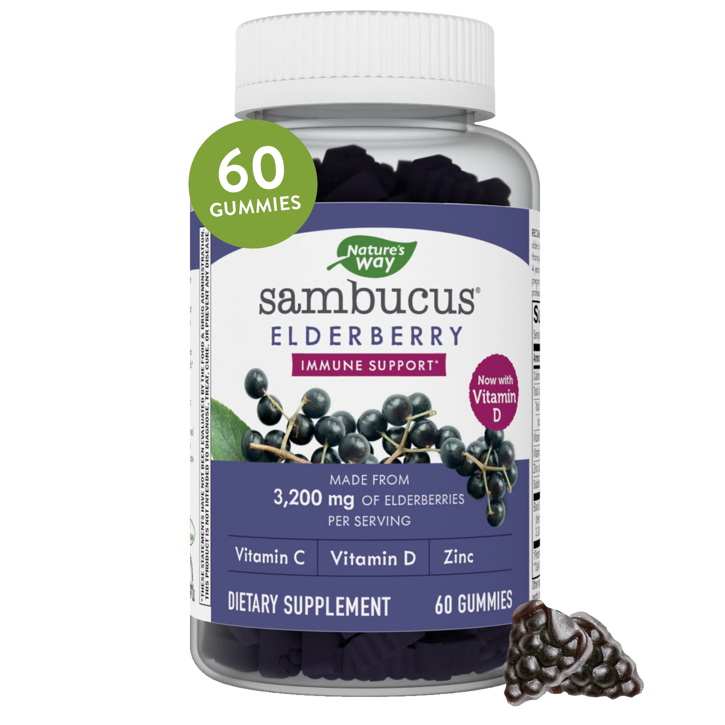 Nature’s Way Sambucus, Immune Support Gummies*, Black Elderberry with Vitamin C, D and Zinc, 60 Gummies