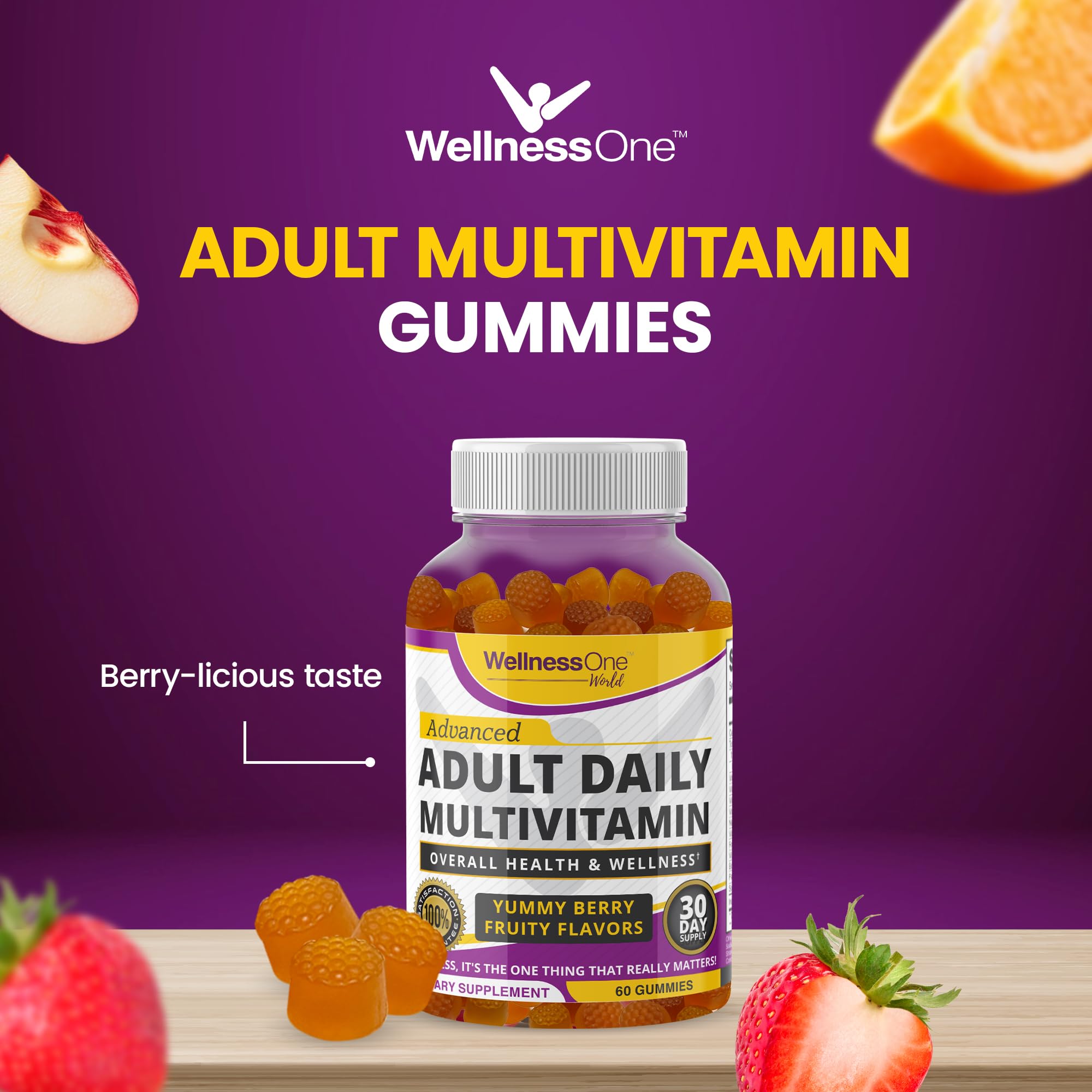 WellnessOne Adult Multivitamin Gummies w/Vitamin A, C, D3, E, B6, B12 & More - Adult Gummy Vitamins for Overall Health & Immune Support - Vegetarian, Non-GMO, Gluten Free, Mix Berry Flavor - 60 Count