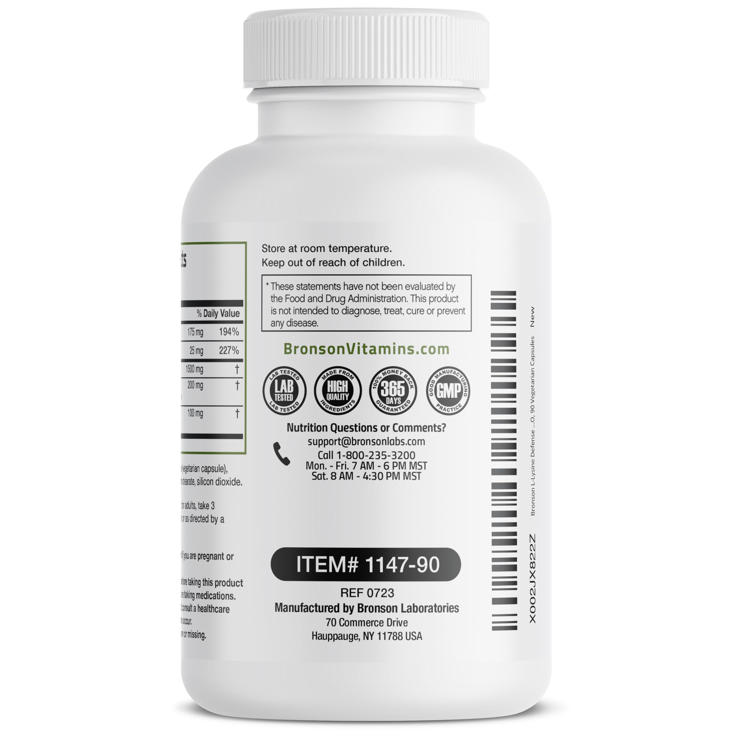 Bronson L-Lysine Defense Immune Support Complex 1500 MG L-Lysine Plus Olive Leaf, Garlic, Vitamin C and Zinc - Non-GMO, 90 Vegetarian Capsules