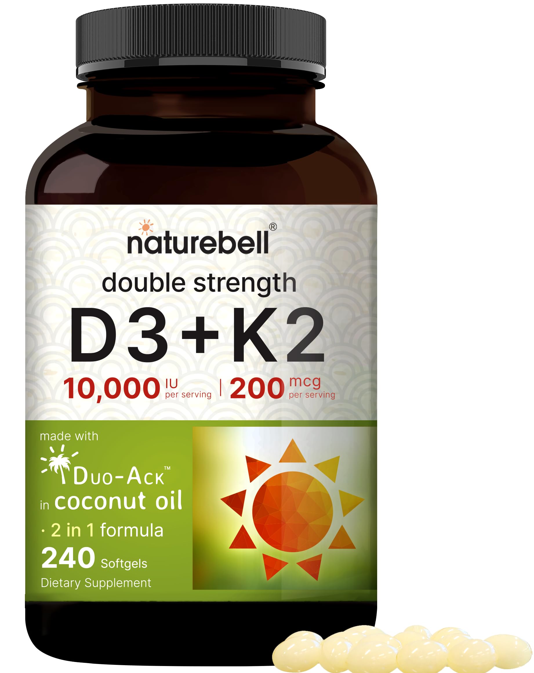 Vitamin D3 K2 (10,000 IU Vitamin D + 200mcg Vitamin K MK-7) 240 Softgels with Coconut Oil for Complete Absorption | Bone, Heart, Immune, & Calcium Support | One a Day, Non-GMO