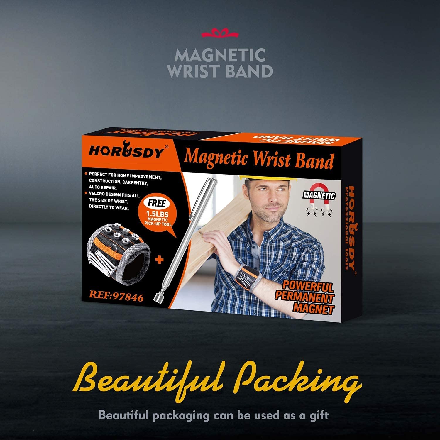 HORUSDY Magnetic Wristband, for Dad, with Strong Magnets for Holding Screws, Nails, Drilling Bits, Tool Gift for Men