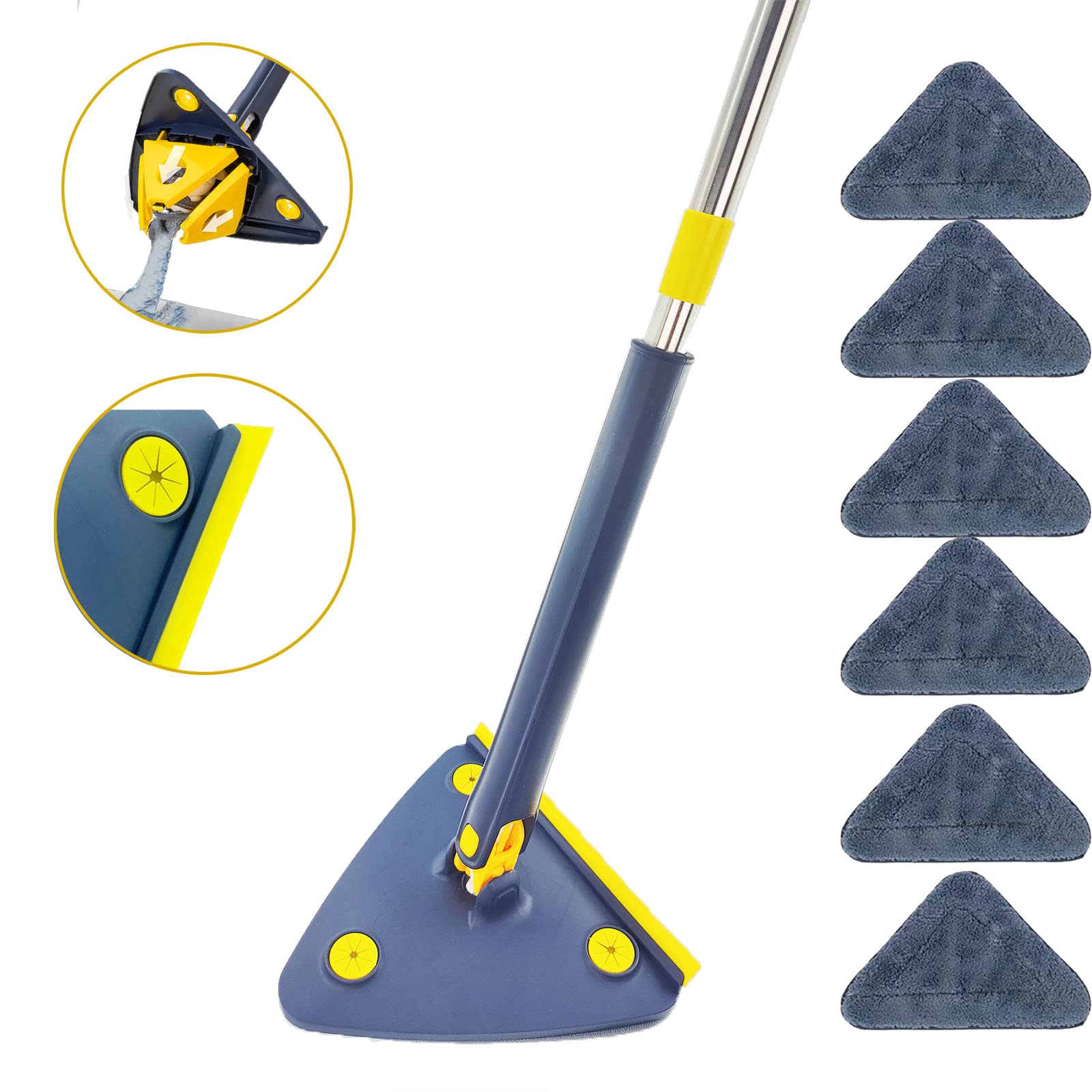 360° Rotatable Adjustable Cleaning Spin Mop, Shine Mop-Triangle Mop with Long Handle, Long Window Squeegee Mop, 6 Reusable Washable Mop Padsmops for Floor/Ceiling/Corner/Glass/Car/Skirting (Blue)