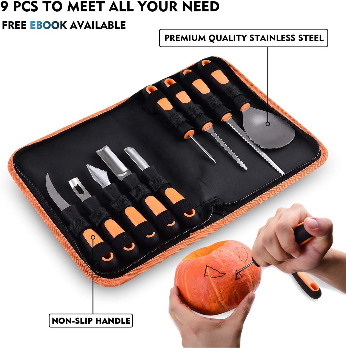 7Felicity Professional Halloween Pumpkin Carving Kit, Anti-Slip Rubber Handle, 9 Piece Stainless Steel Pumpkin Carving Tools Knife Set for Halloween DIY Decoration, with Storage Bag