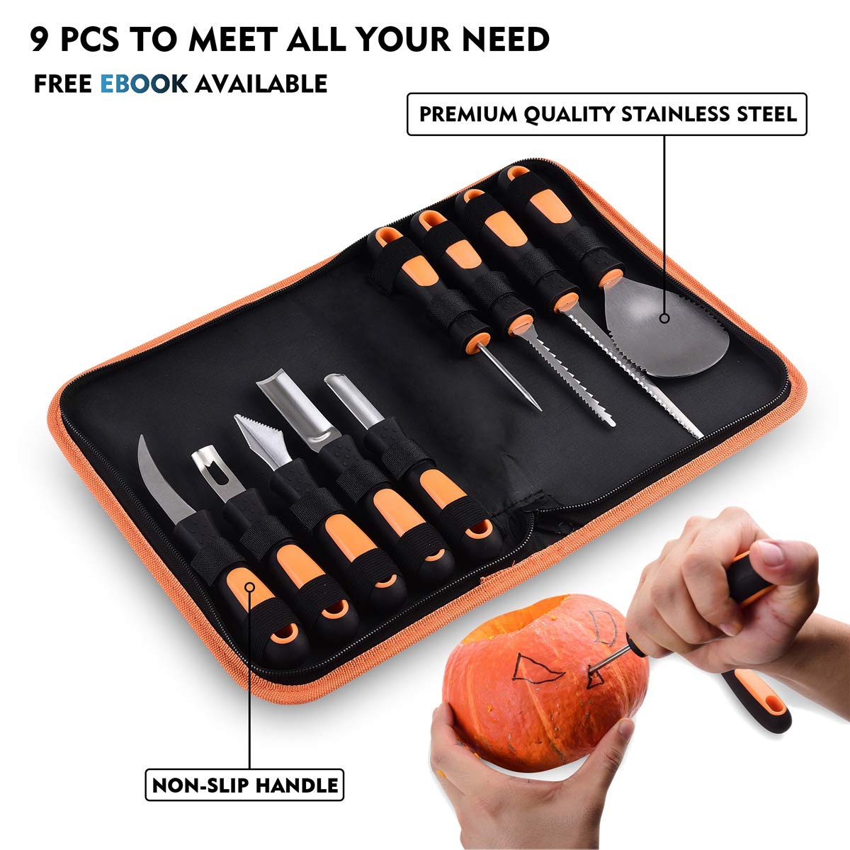 7Felicity Professional Halloween Pumpkin Carving Kit, Anti-Slip Rubber Handle, 9 Piece Stainless Steel Pumpkin Carving Tools Knife Set for Halloween DIY Decoration, with Storage Bag