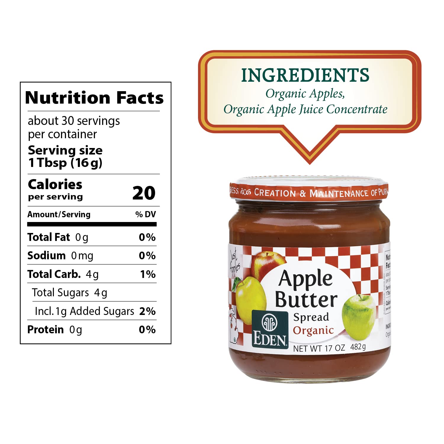 Eden Organic Apple Butter Spread, No Sugar Added, Great Lakes Apples, Slow Kettle Simmered, 17 oz Glass Jar