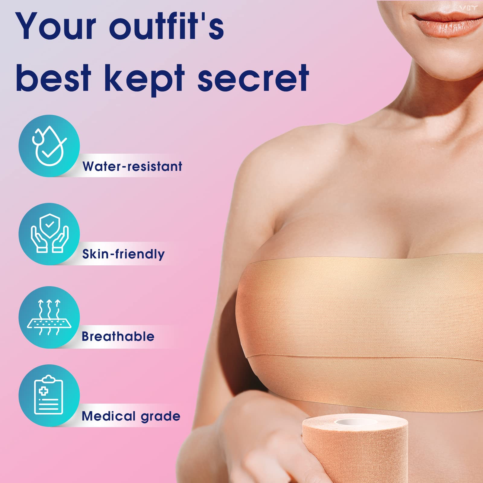 VBT Boob Tape - Breast Lift Tape, Body Tape for Breast Lift w 2 Pcs Silicone Breast Reusable Adhesive Bra, Bob Tape for Large Breasts A-G Cup, Nude