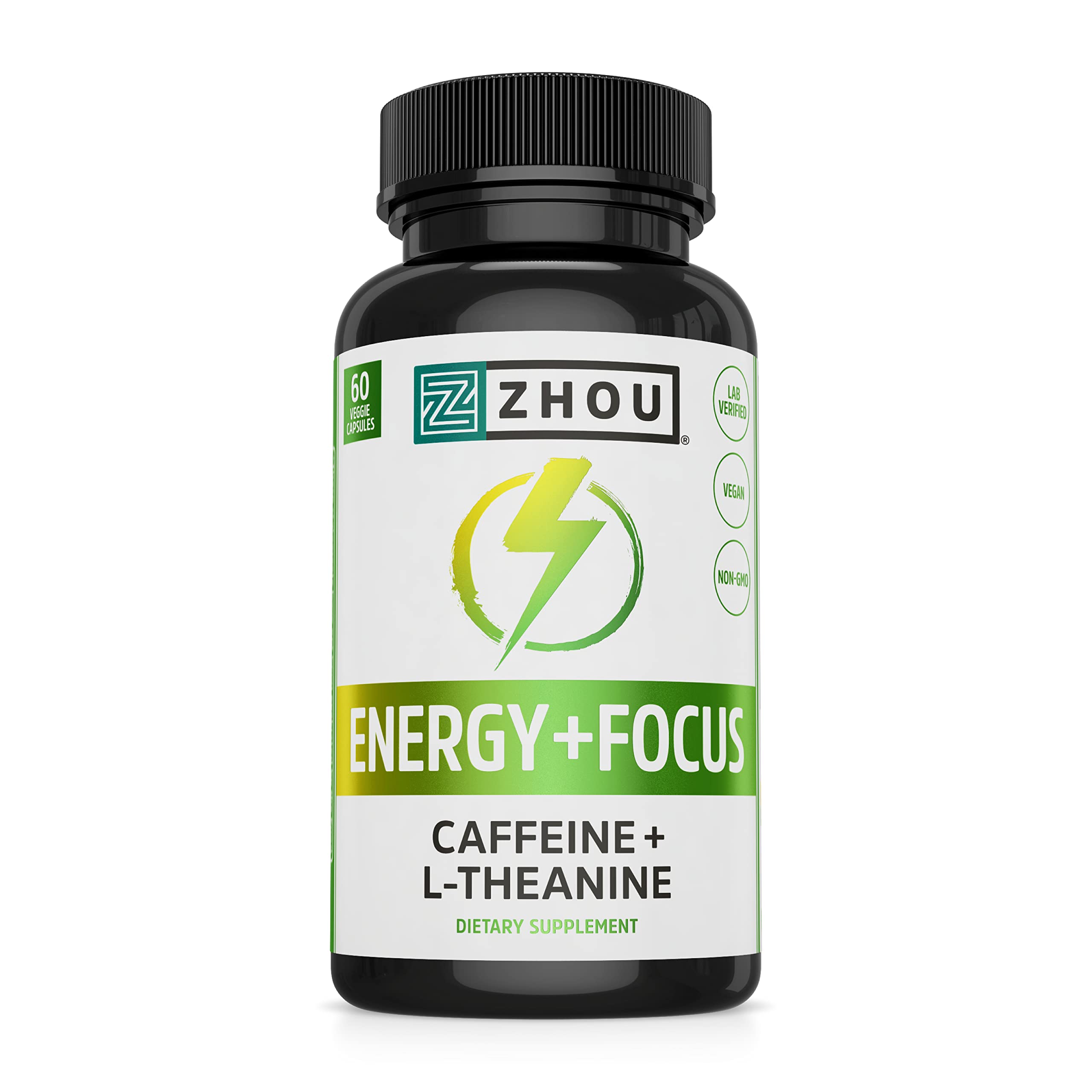 Zhou Energy + Focus | Caffeine with L-Theanine | Focused Energy for Your Mind & Body | #1 Nootropic Stack for Cognitive Performance | 60 VegCaps