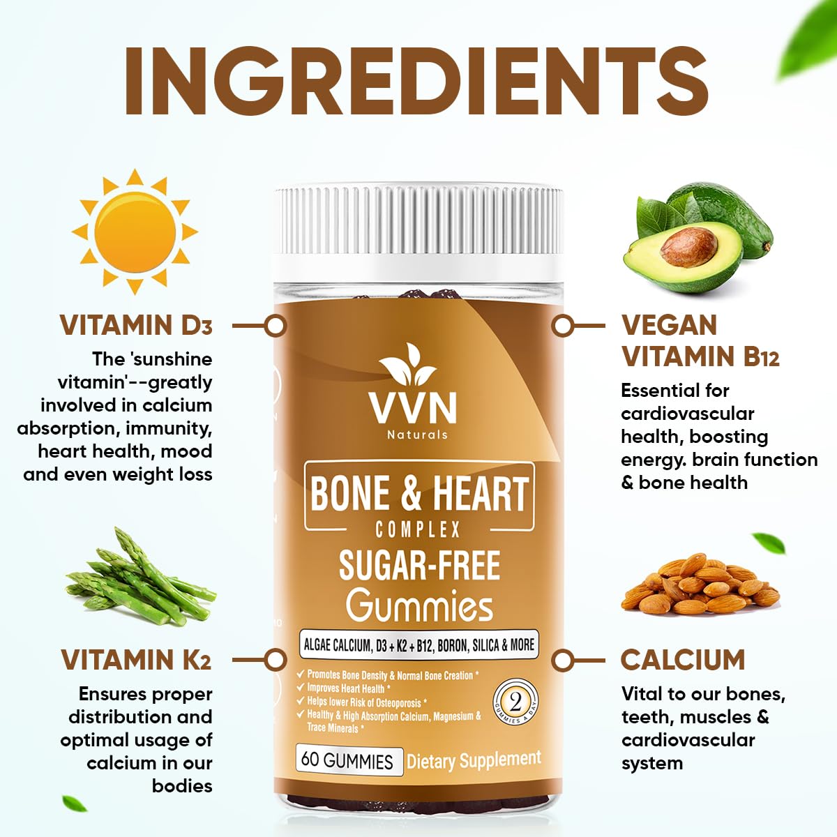 VVN Naturals Vegan Calcium Gummies K2 Vitamin Supplement with MK-7 & Vitamin D3, Magnesium & 13 Trace Minerals, Supporting Bone Density | Plant Based | B12 - Bone & Heart Complex, 60 ct.