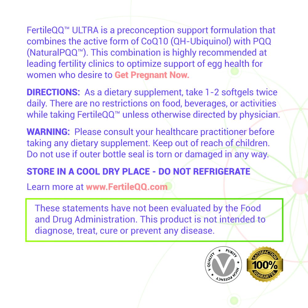 FertileQQ ULTRA Ubiquinol (QH) plus PQQ to BOOST Mama's 2B Natural Reproductive Support, #1 Formula for Support of Mitochondria Egg Cell Health - Doctor Recommended Fertility Formula.