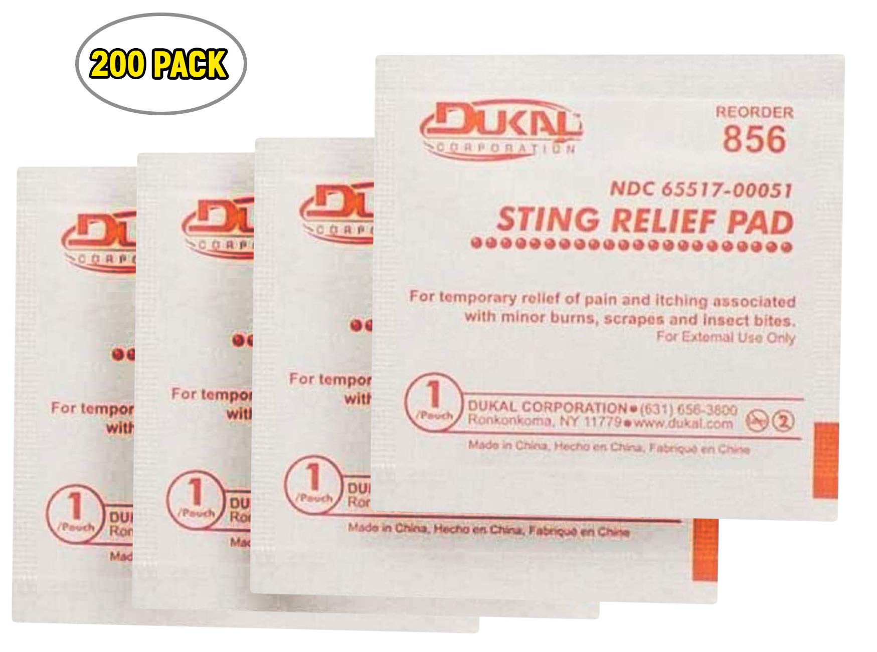 Dukal Sting Relief Pads. Case of 200 Anesthetic Pads for Burns, Scrapes. 2-Ply Non-Woven Pads in Individual Pouches, Non-Sterile Sting Relief Wipes, 856