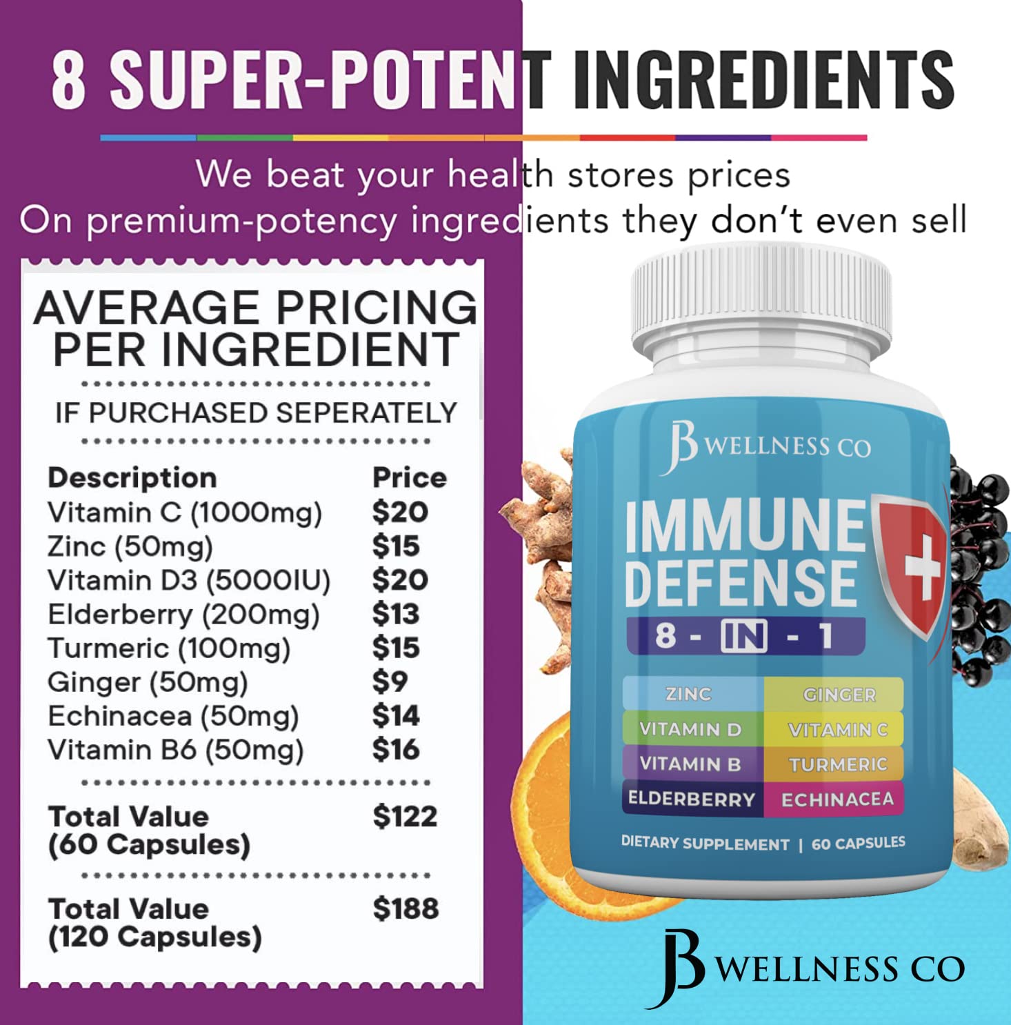 JB WELLNESS CO Immune Support 8 in 1 Capsules - Zinc Supplement, Vitamin D3 5000 IU, Vitamin C 1000MG and Elderberry - Immune Booster Ginger Root, and Turmeric - [2-Pack]