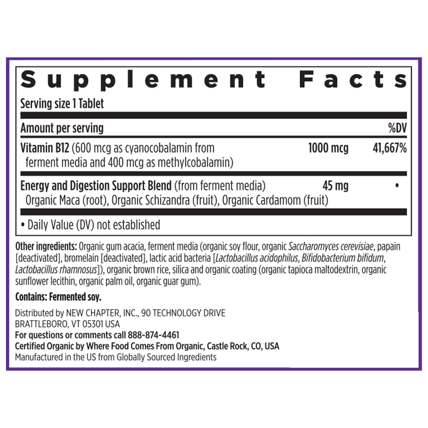 New Chapter Fermented Vitamin B12 1,000 mcg, USDA Organic, ONE Daily for Cellular Energy + Healthy Blood Cells, Certified Vegan, Gluten Free - 60 Count