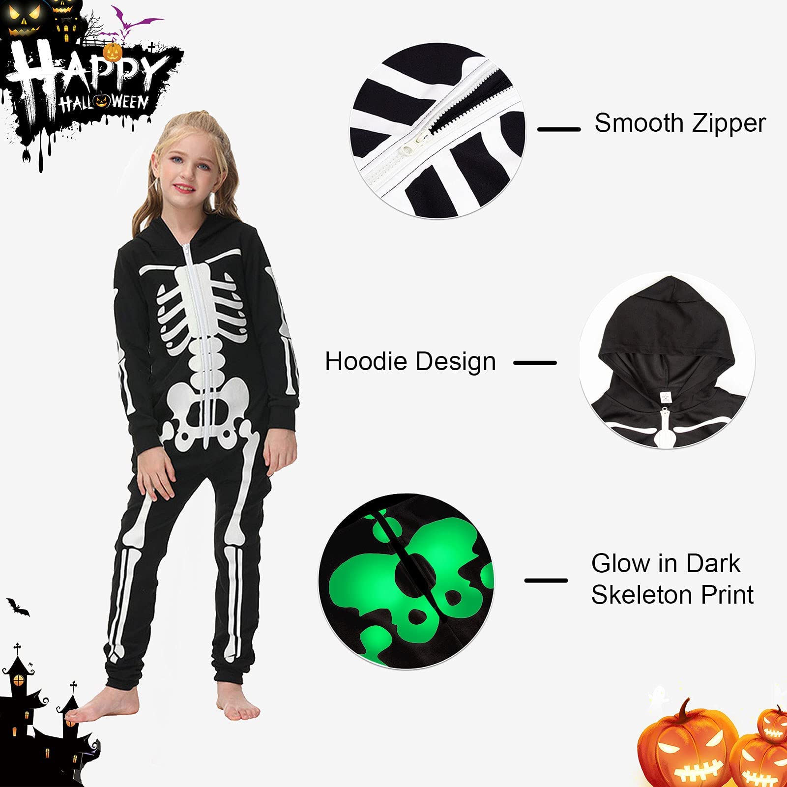 Jobakids Unisex Kids Halloween Costume Skeleton with Glow Hoodie Onesie Kids Small 6-8 Years