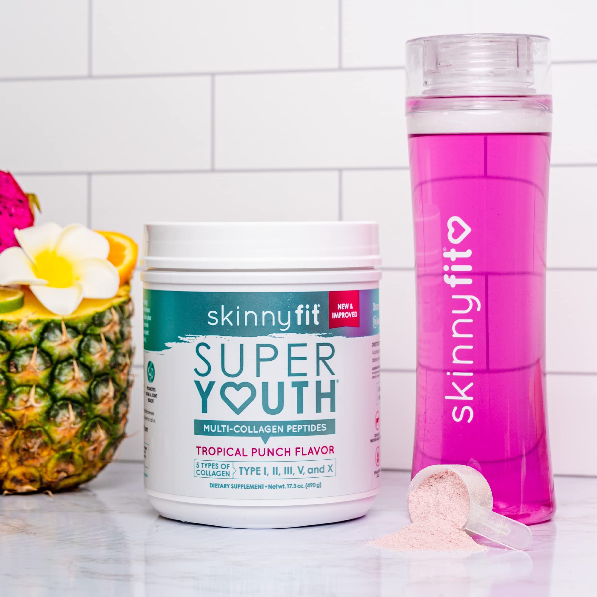 SkinnyFit Super Youth Tropical Punch Multi-Collagen Peptides Plus Apple Cider Vinegar, Hyaluronic Acid, & Vitamin C, Hair, Skin, Nail & Joint Support, Immunity, Healthy Metabolism, 28 Servings