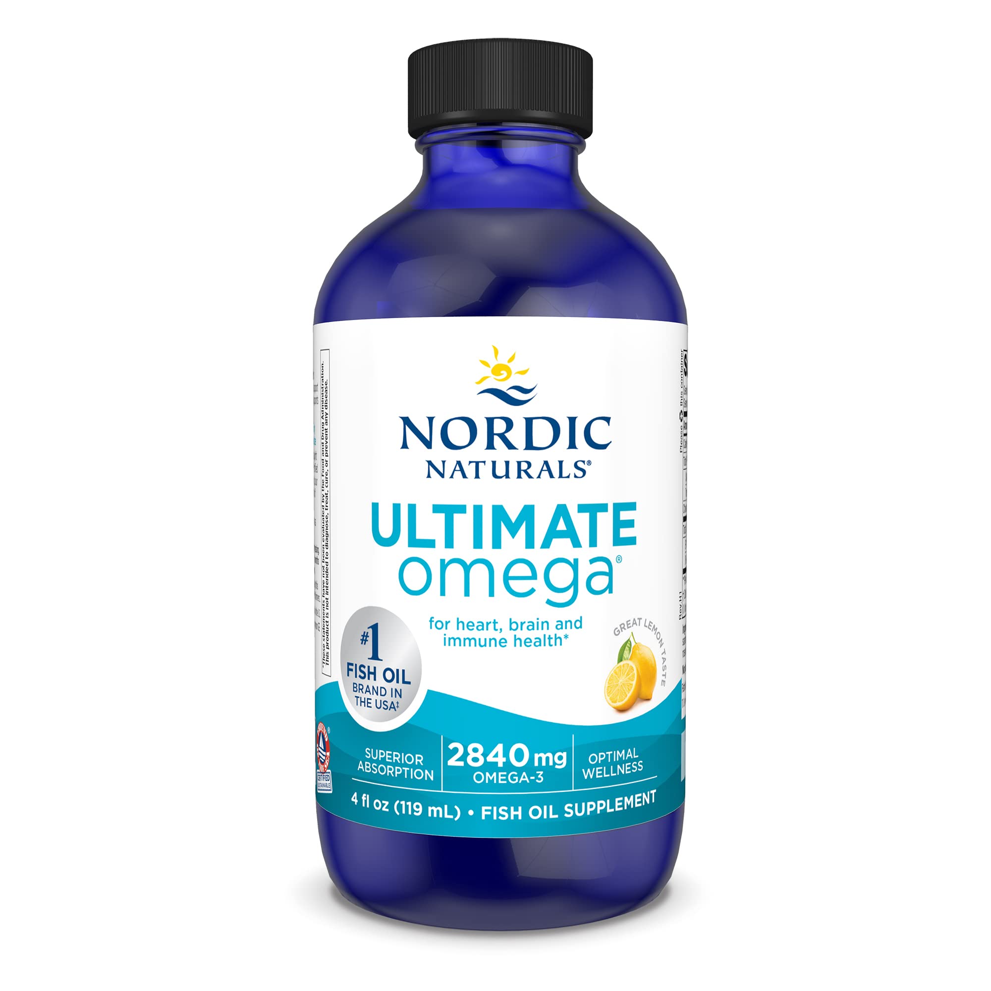 Nordic Naturals Ultimate Omega Liquid, Lemon Flavor - 4 oz - 2840 mg Omega-3 - High-Potency Omega-3 Fish Oil Supplement with EPA & DHA - Promotes Brain & Heart Health - Non-GMO - 24 Servings