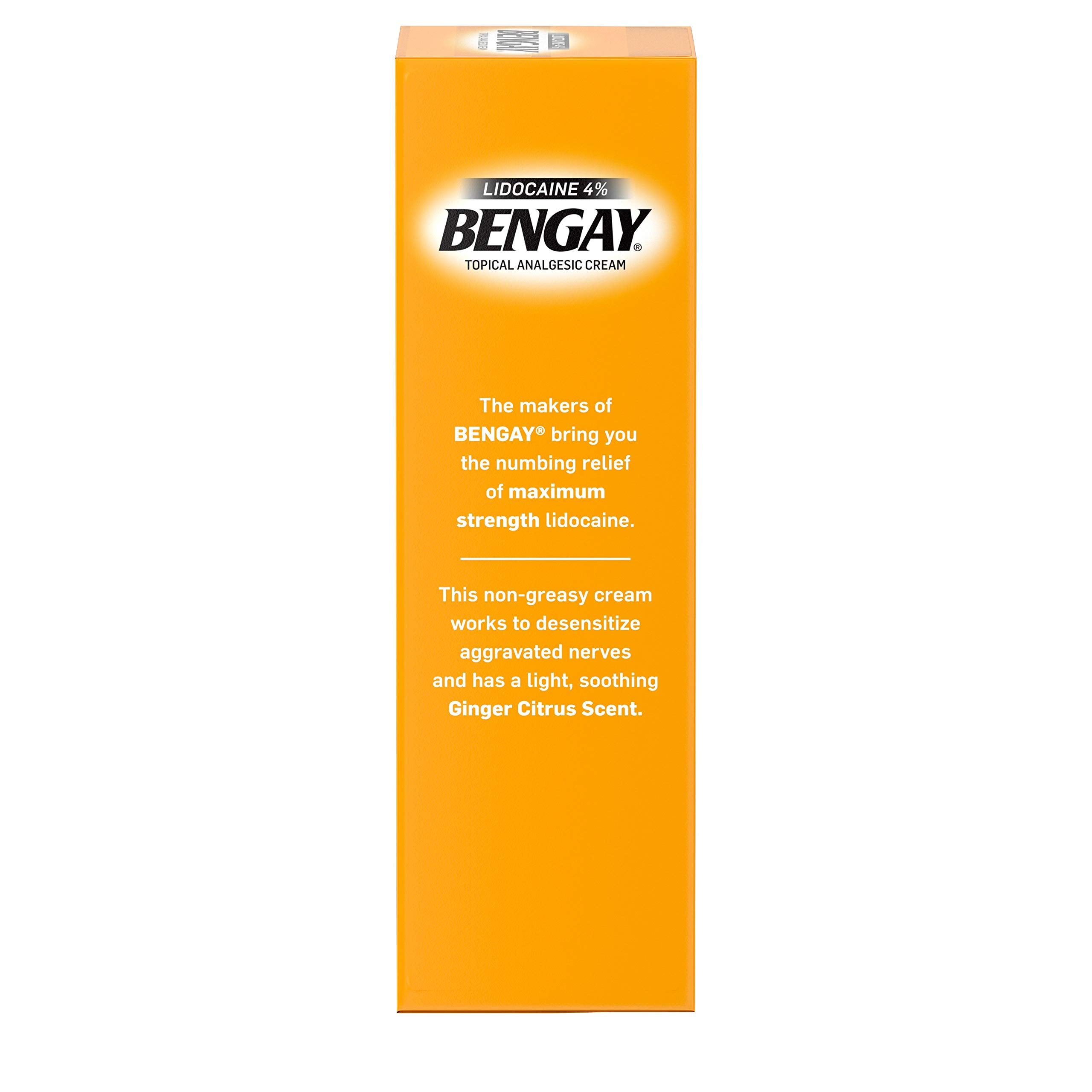 Bengay Pain Relieving Lidocaine Cream, Non-Greasy Topical Analgesic Cream with The Maximum Strength Numbing Relief of 4% Lidocaine HCl, Pleasant and Soothing Ginger Citrus Scent, 3 oz