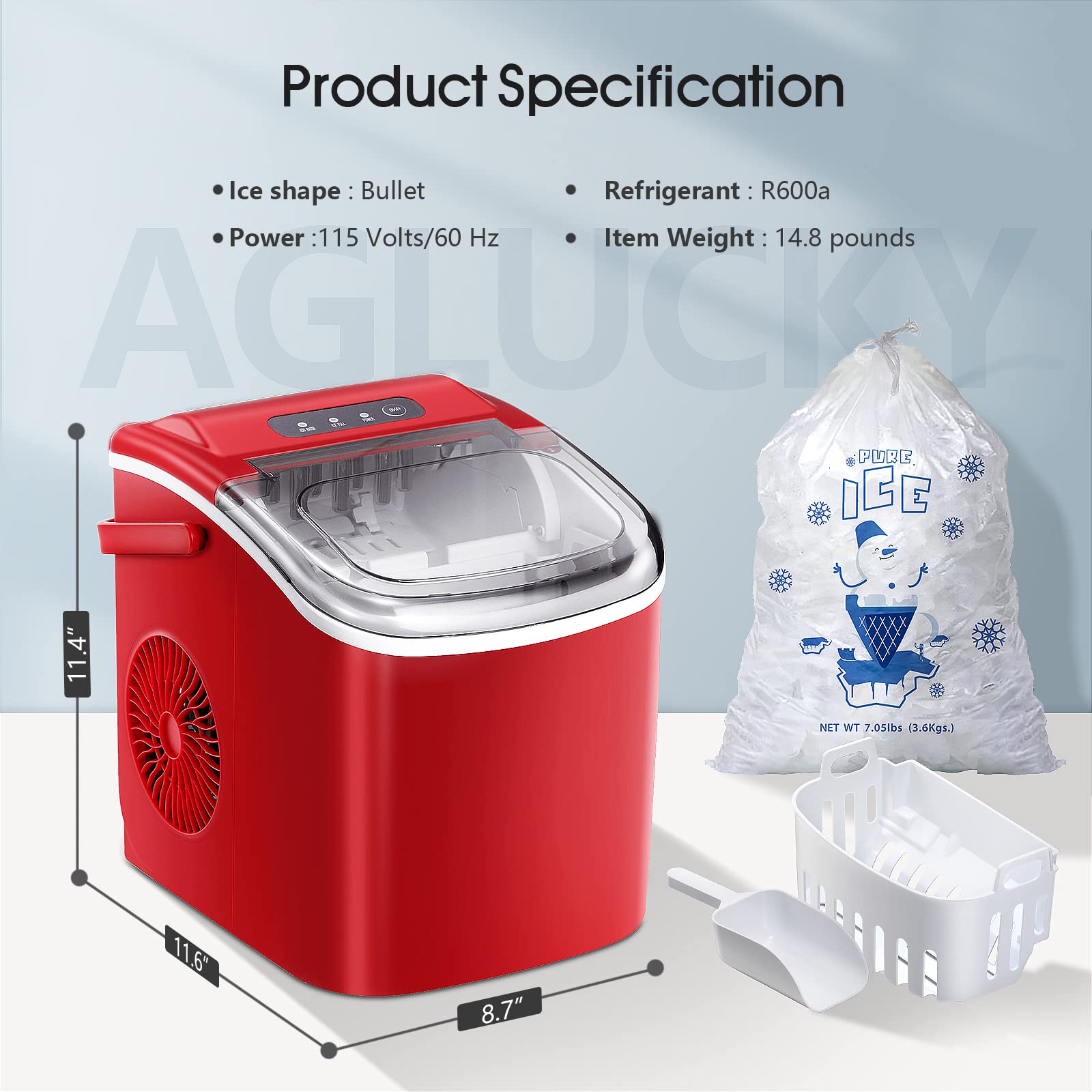 AGLUCKY Ice Makers Countertop,Protable Ice Maker Machine with Handle,Self-Cleaning Ice Maker, 26Lbs/24H, 9 Ice Cubes Ready in 8 Mins, for Home/Office/Kitchen(Red)