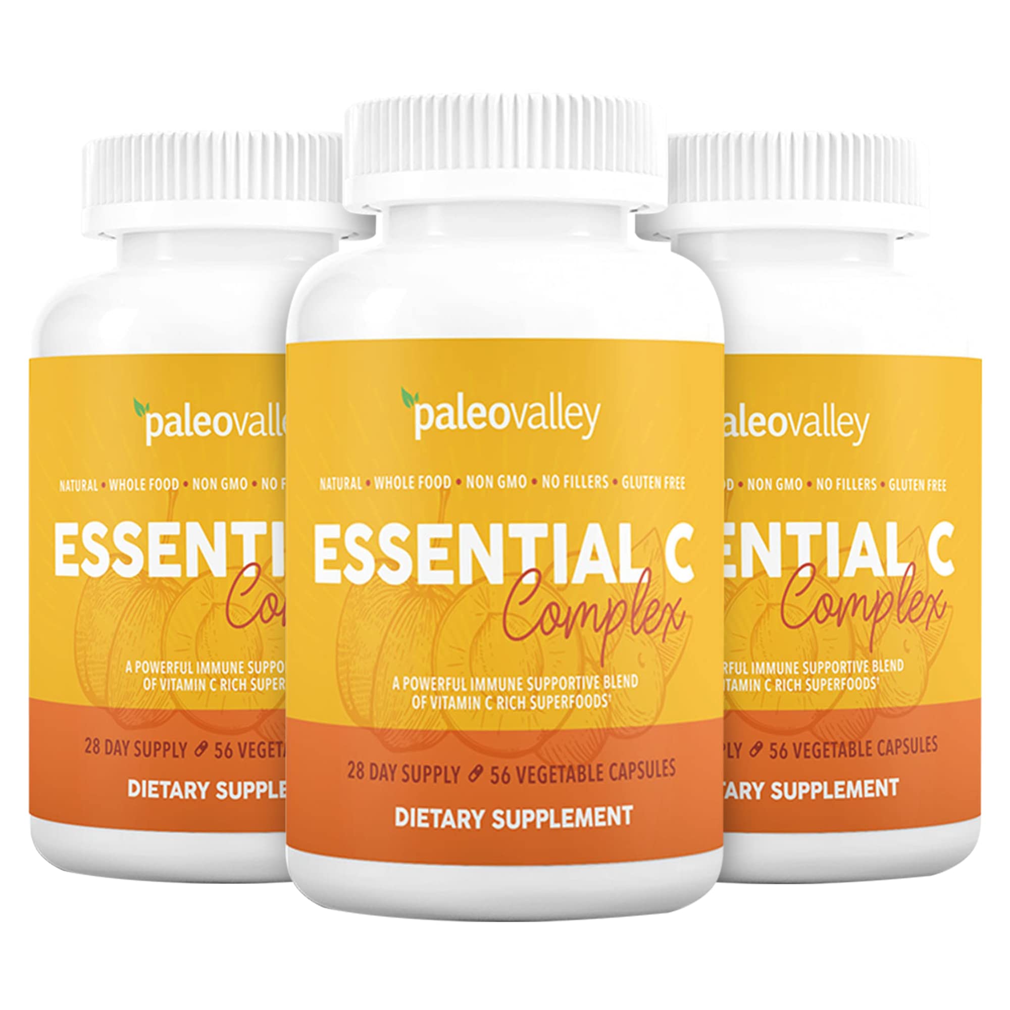 Paleovalley Essential C Complex - Vitamin C Supplement for Immune Support - 3 Pack, 450mg - From Organic Superfoods Unripe Acerola Cherry, Camu Camu, Amla Berry - No Synthetic Ascorbic Acid - USA Made