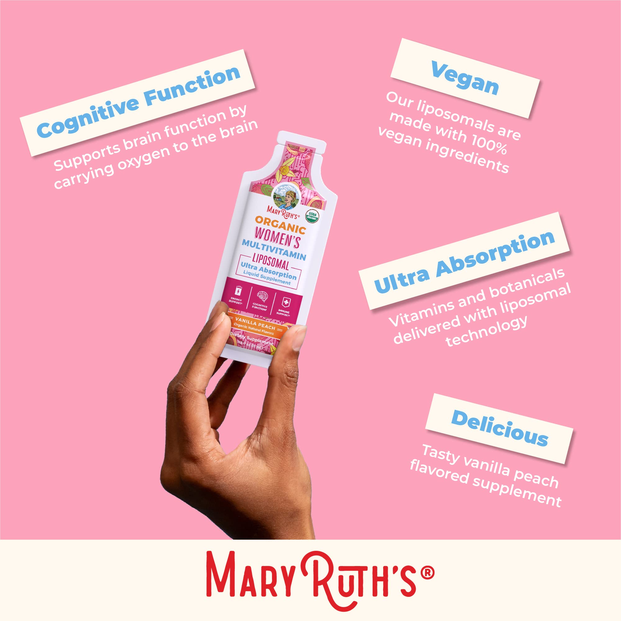 MaryRuth's Multivitamin for Women | USDA Organic | Sugar Free Womens Multivitamin Liposomal | Liquid Vitamins for Women | Immune Support Supplement & Overall Wellness | Vegan | 14-0.5 Fl Oz Pouches