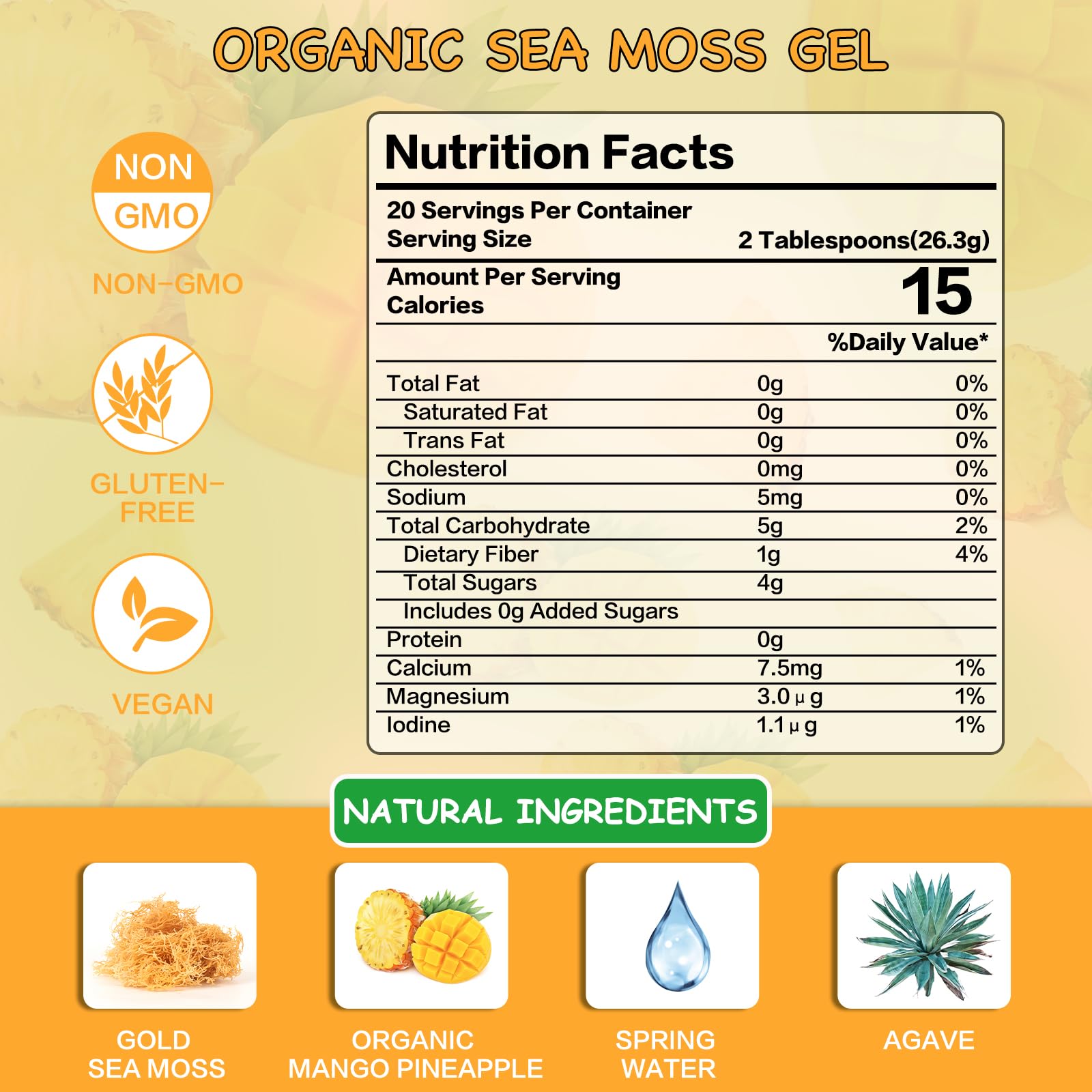 VPKIN Sea Moss Gel,Irish Sea Moss Raw Organic,Sea Moss Supplement Advanced for Immune & Metabolism Support(Mango Pineapple,18.5OZ)