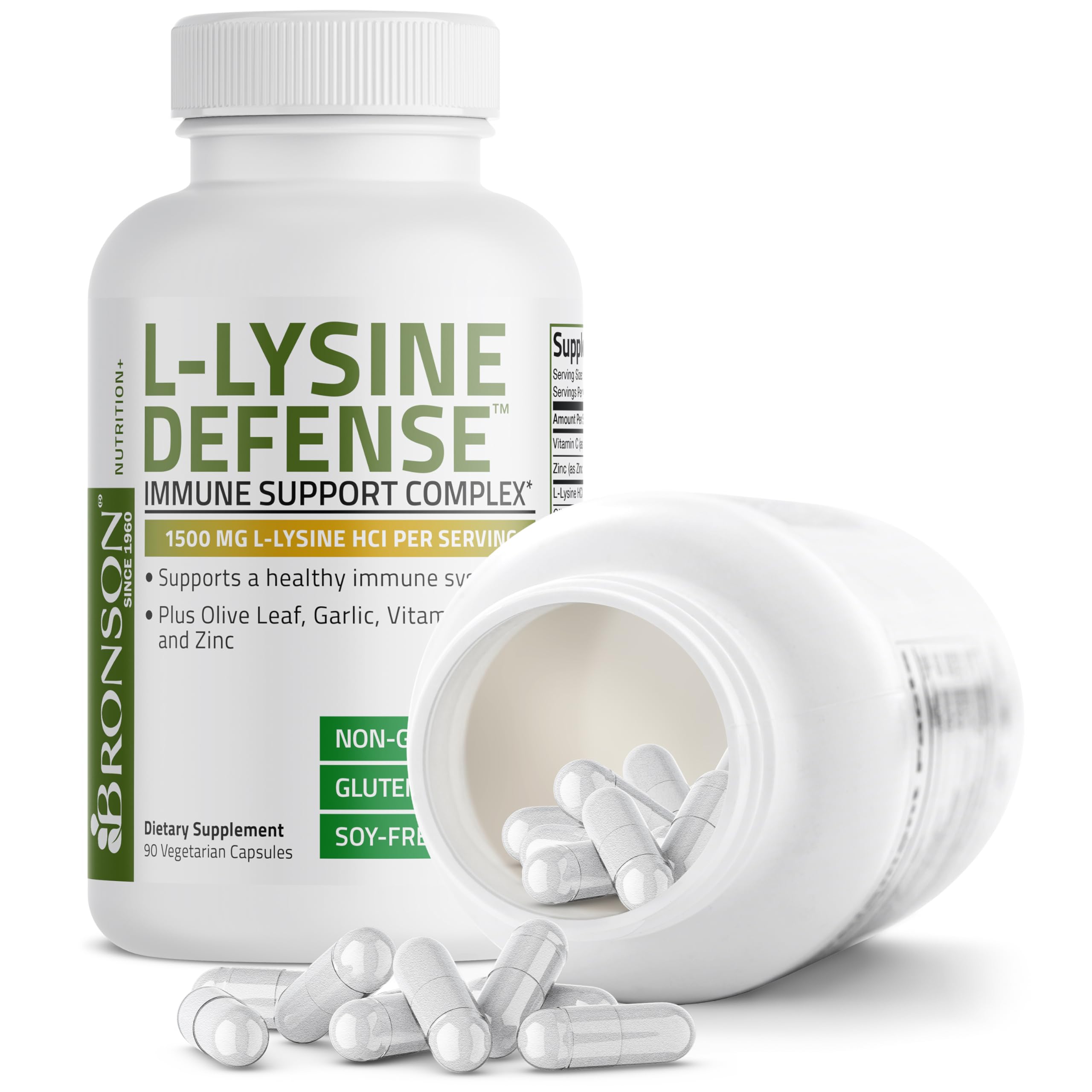 Bronson L-Lysine Defense Immune Support Complex 1500 MG L-Lysine Plus Olive Leaf, Garlic, Vitamin C and Zinc - Non-GMO, 90 Vegetarian Capsules