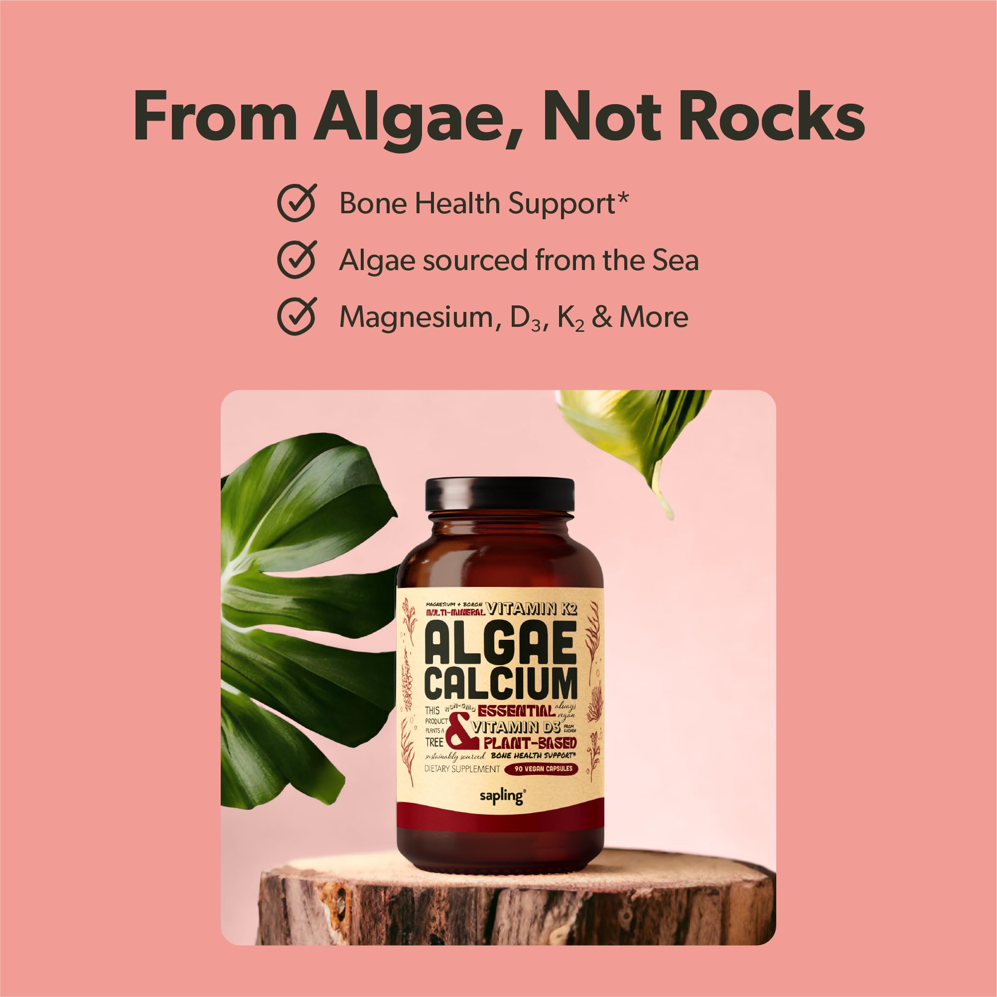 Calcium Supplement - Whole Food with Vitamin K2 & D3, Magnesium, Zinc, Boron, Mineral Complex. Sourced Sustainably from Red Algae. for Bone Strength and Support. Non-GMO & Vegan 90 Capsules.