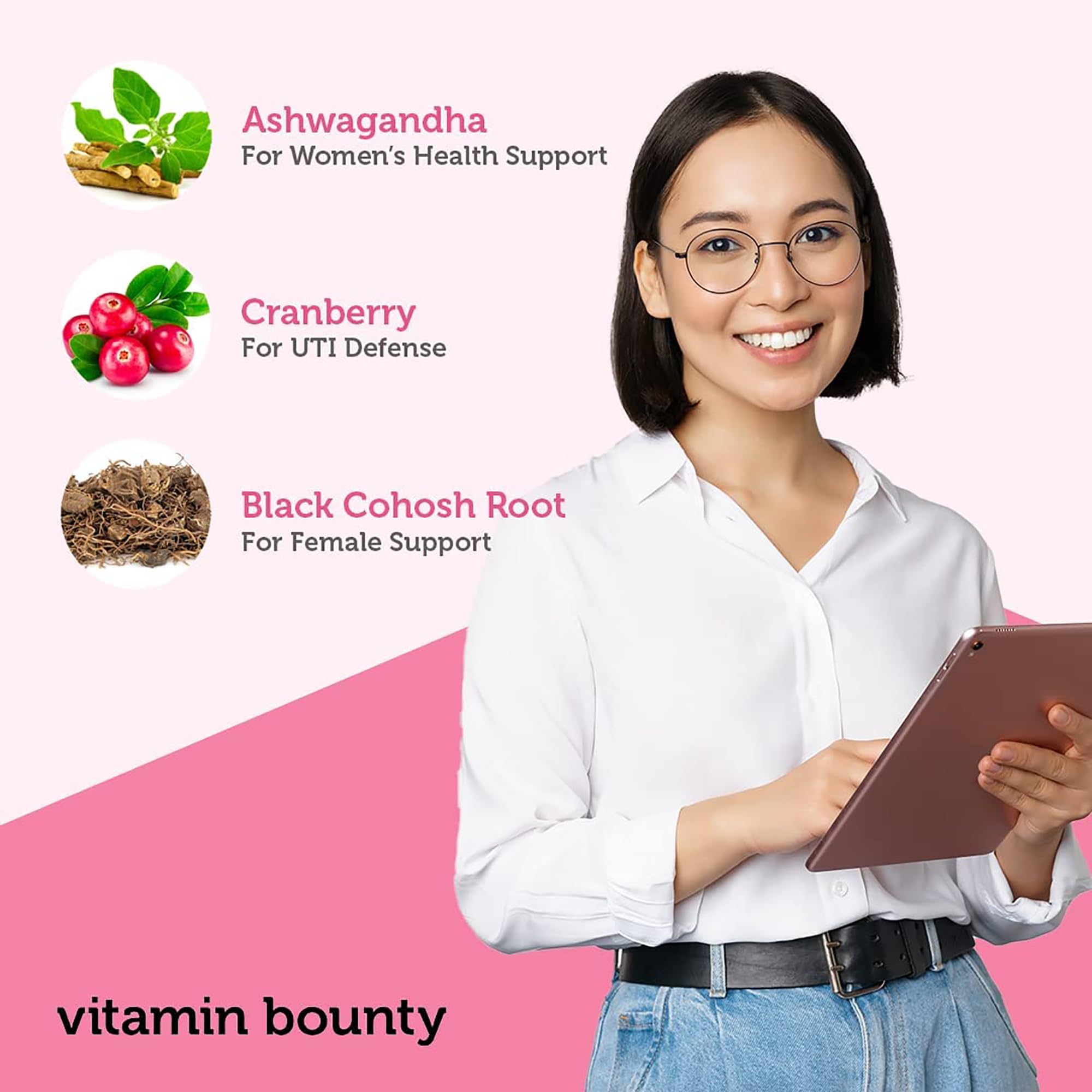 Vitamin Bounty Women's Pro Daily - Vaginal Probiotic & Prebiotic & pH Balance, Probiotics for Women Vaginigal Health, 10 Billion CFUs Per Serving with Cranberry, Gluten-Free - 60 Capsules