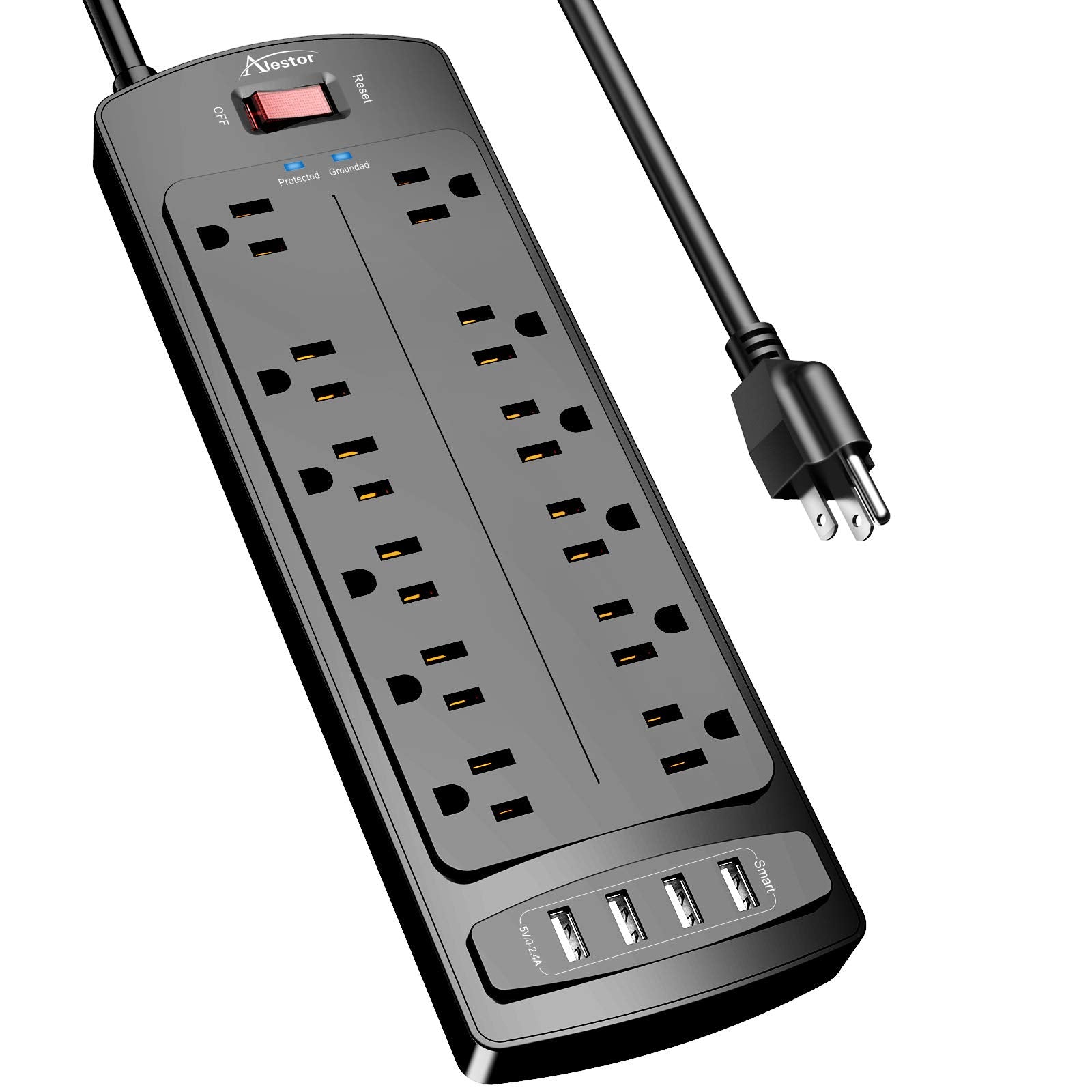 Power Strip,ALESTOR Surge Protector with 12 Outlets and 4 USB Ports, 6 Feet Extension Cord (1875W/15A) for for Home, Office, Dorm Essentials, 2700 Joules, ETL Listed, White