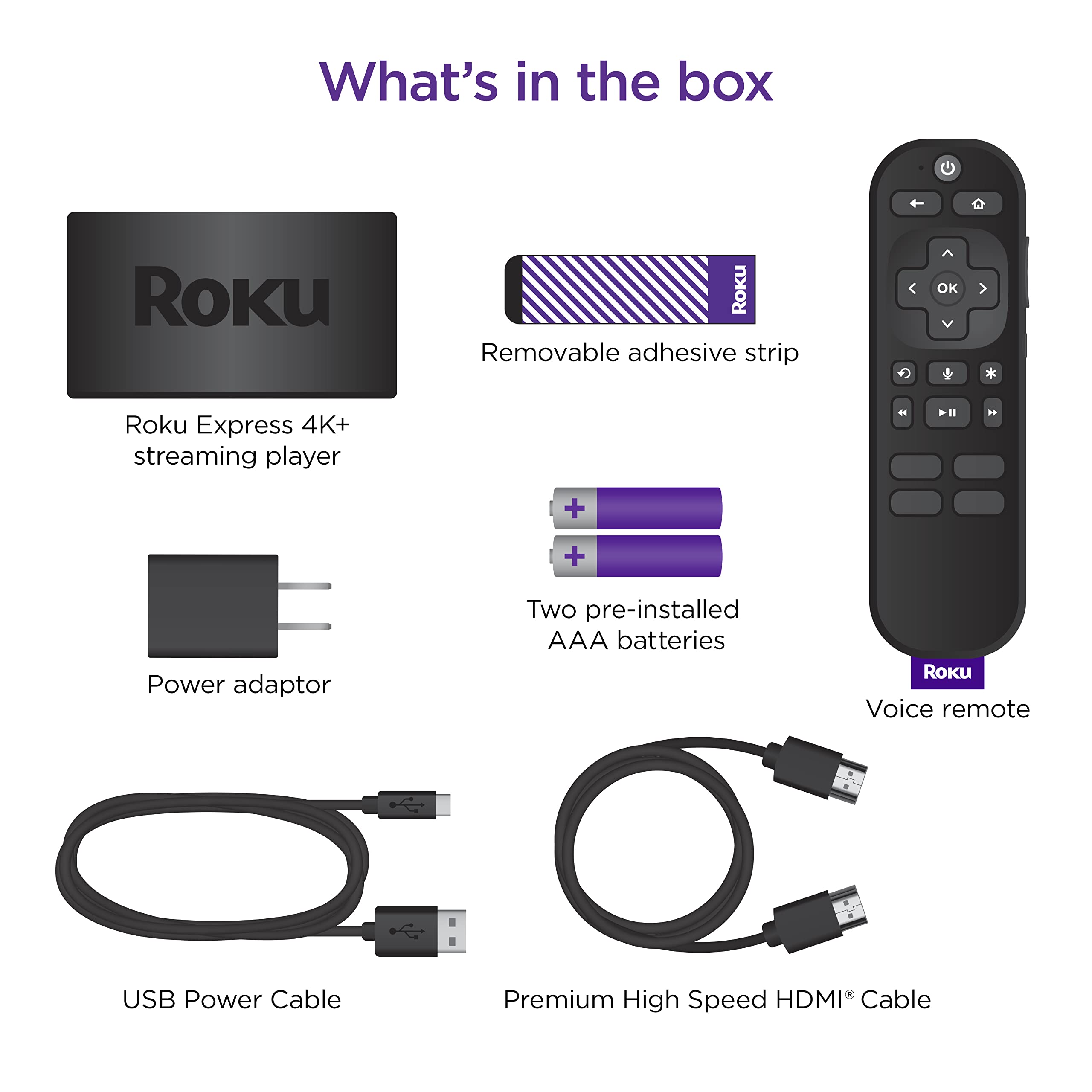 Roku Express 4K+ | Streaming Player HD/4K/HDR with Roku Voice Remote with TV Controls, Includes Premium HDMI Cable