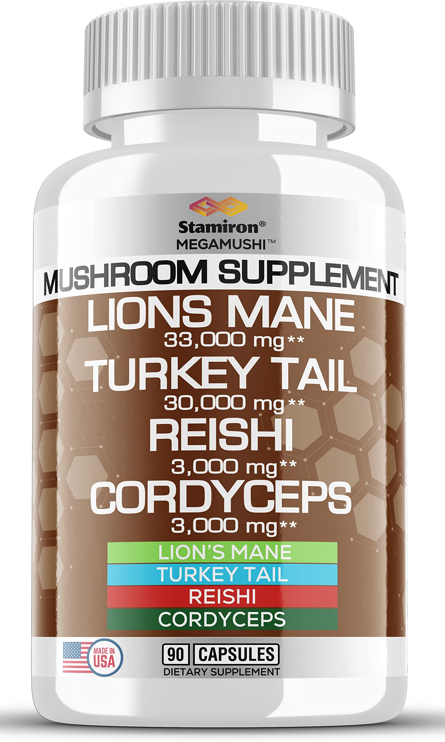 Lions Mane Supplement 33,000mg Turkey Tail Mushroom Capsules with Cordyceps Extract & Reishi Mushrooms - Alt to Mushroom Gummies/ Powder/ Coffee - 90 Count Made in USA