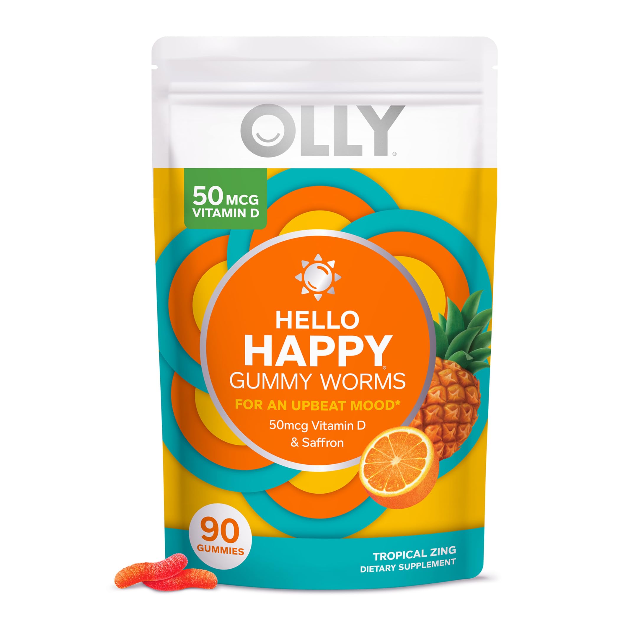 OLLY Hello Happy Gummy Worms, Mood Balance Support, Vitamin D, Saffron, Adult Chewable Supplement, Tropical Zing - 90 Count