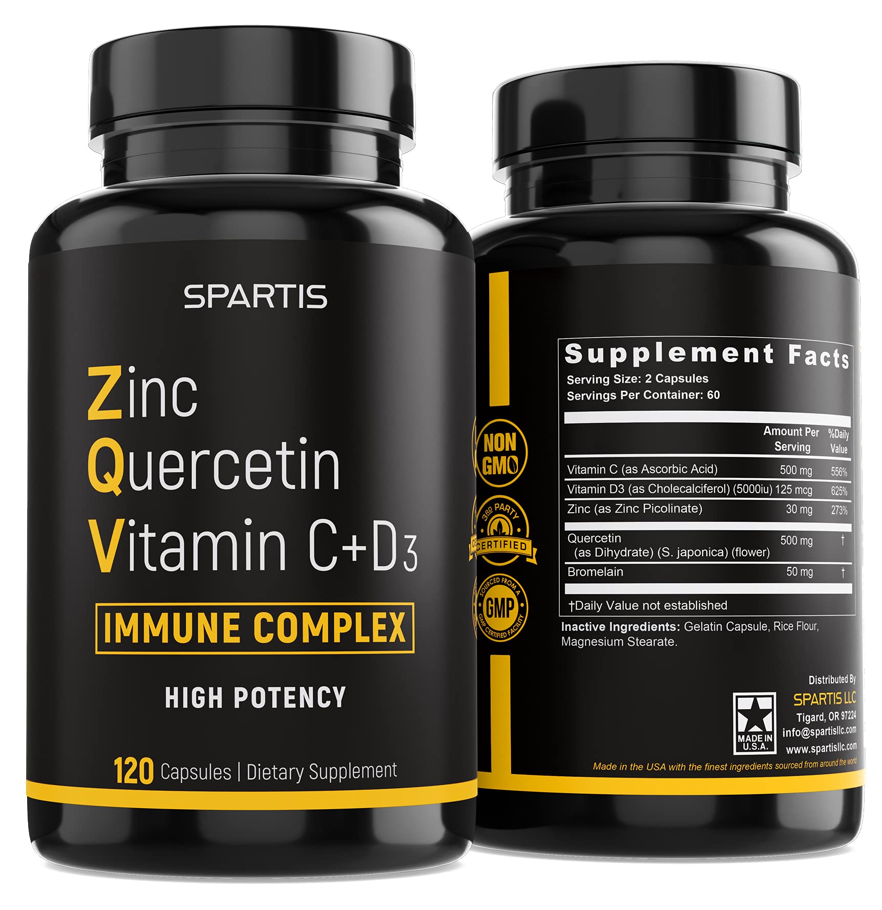 Zinc Quercetin 500mg with Vitamin C Vitamin D3 Bromelain Immune Support High Potency Quercetin Zinc Supplement ZQV by SPARTIS (Pack of 1 Bottle at 120-Caps)