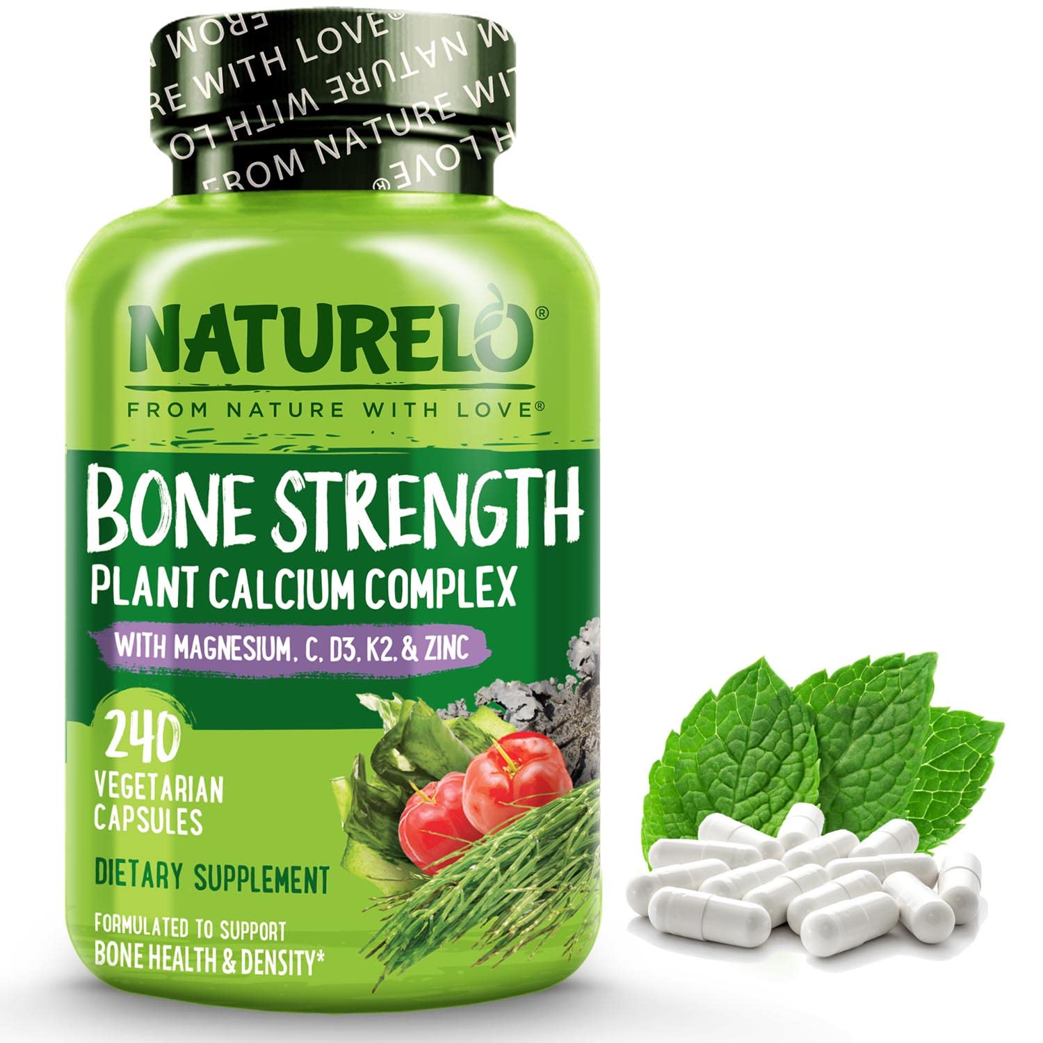 NATURELO Bone Strength - Plant-Based Calcium, Magnesium, Potassium, Vitamin D3, VIT C, K2 - GMO, Soy, Gluten Free Ingredients - Whole Food Supplement for Bone Health - 240 Vegetarian Capsules