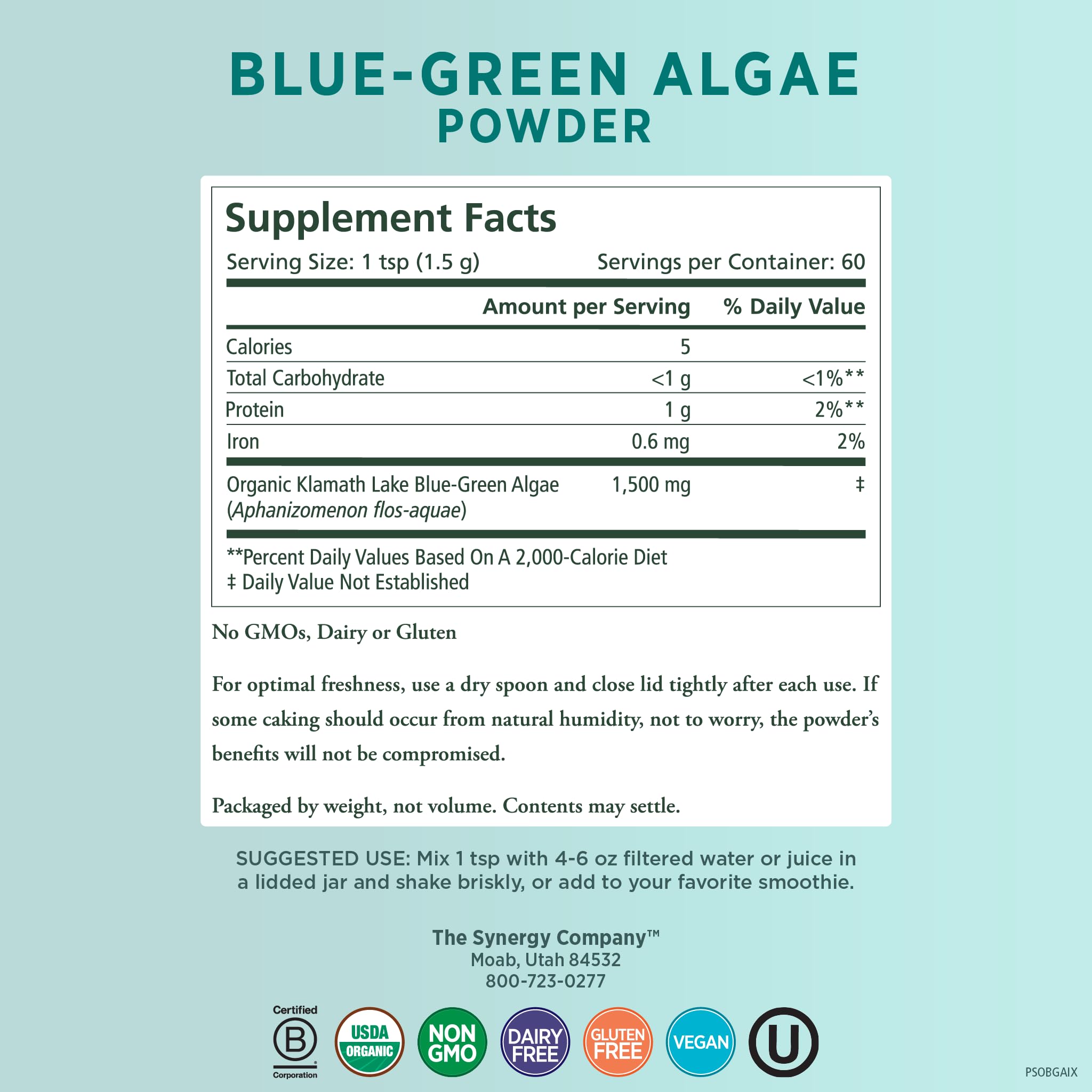 PURE SYNERGY Blue-Green Algae Powder | Green Superfood Powder with Chlorophyll | Organic AFA Blue Green Algae Supplement | Supports Energy, Mental Clarity, and Detoxification (3.2 oz. Powder)