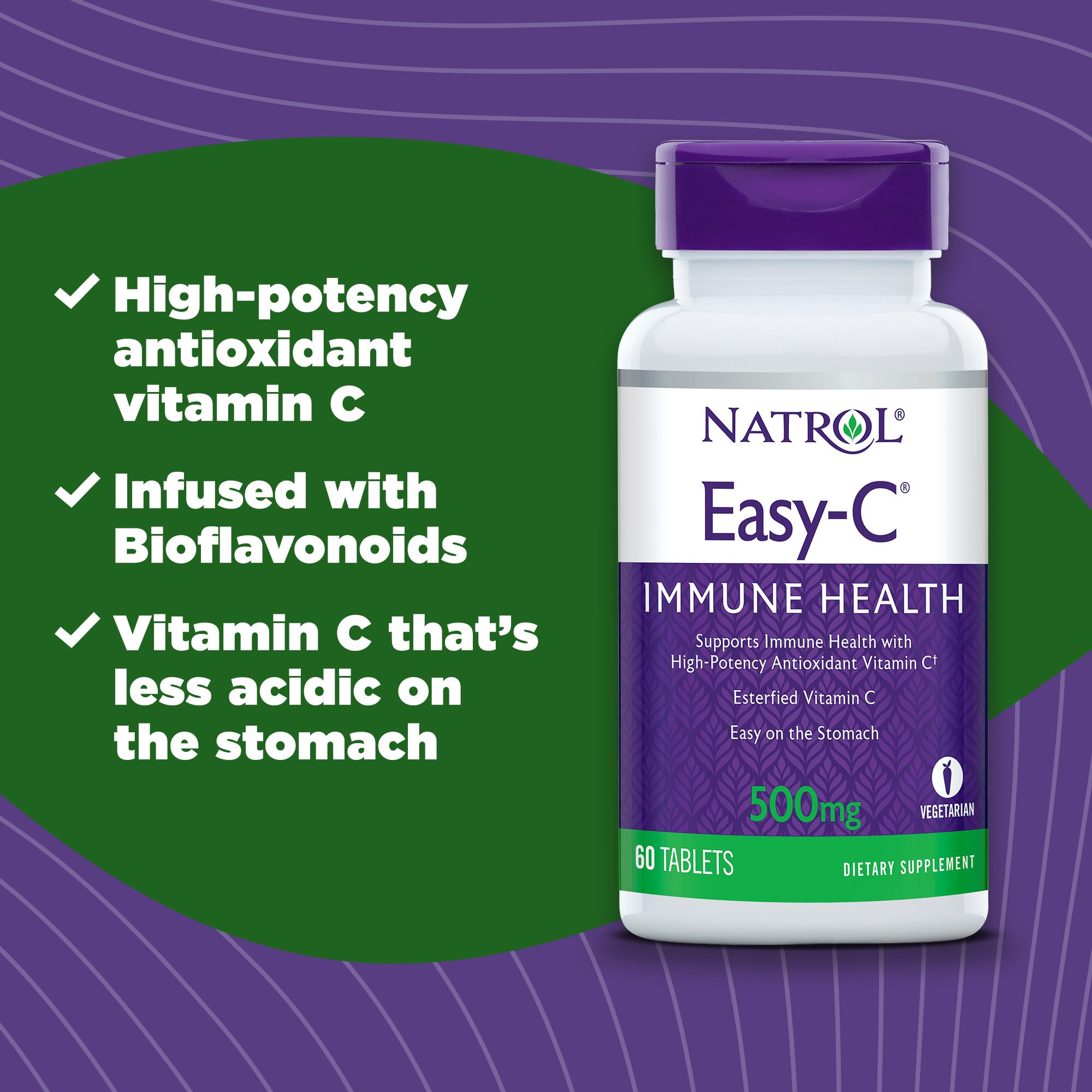 Natrol Easy-C Immune Health, Dietary Supplement, Supports Immune Health with High-Potency Antioxidant Vitamin C, Tablets, 500 mg, 60 Count