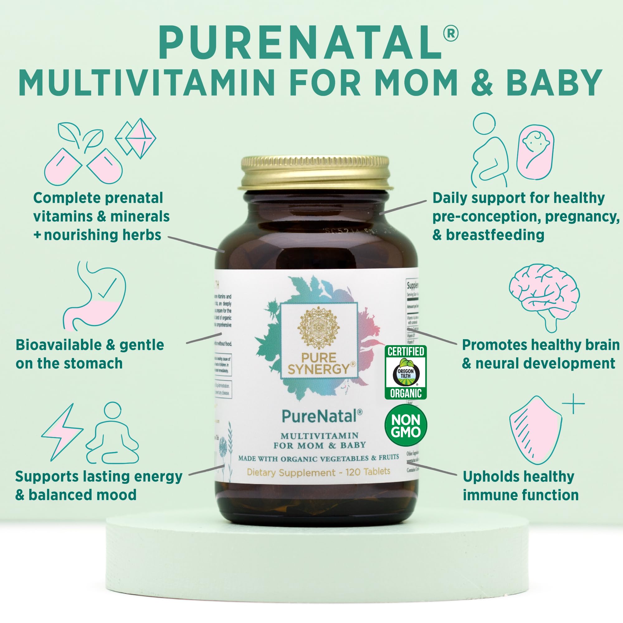 PURE SYNERGY PureNatal Prenatal Vitamins | Vegan Supplement Made with Organic Whole Foods | with Natural Iron, Folate, and Choline | for Pre-Conception, Pregnancy and Breastfeeding (120 Tablets)