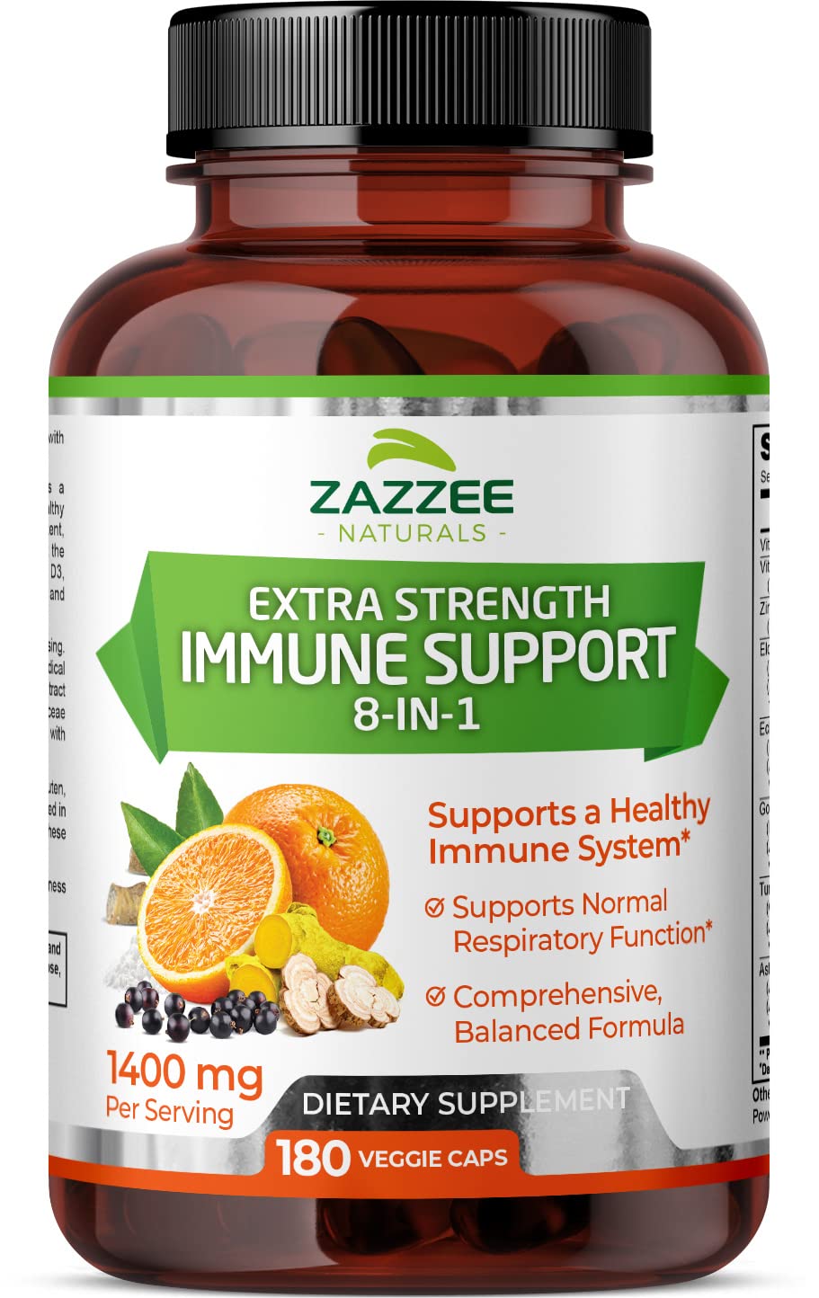 Zazzee Extra Strength 8-in-1 Immune Support, 1400 mg per Capsule, 180 Vegan Capsules, 1000 mg Vitamin C, 1000 IU mg D3, Zinc, Elderberry, Echinacea, Goldenseal, Turmeric and Astragalus, All-Natural