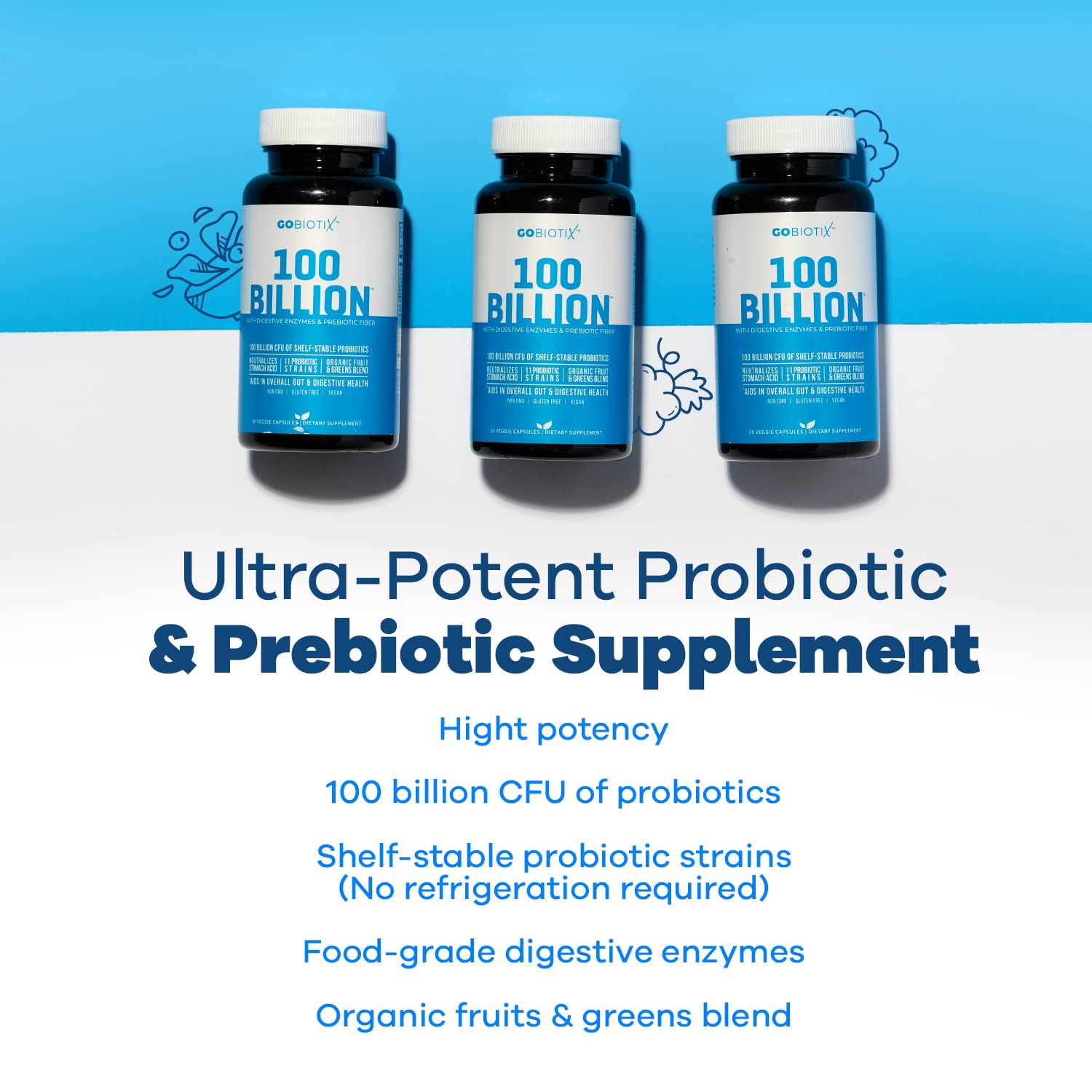 GOBIOTIX 100 Billion | Probiotics, Prebiotics & Digestive Enzymes Blend | High Potency with 100 Billion CFU | Enhanced with Organic Fruit & Organic Greens Blend | Vegan, Non-GMO | USA Made ● 30 Caps