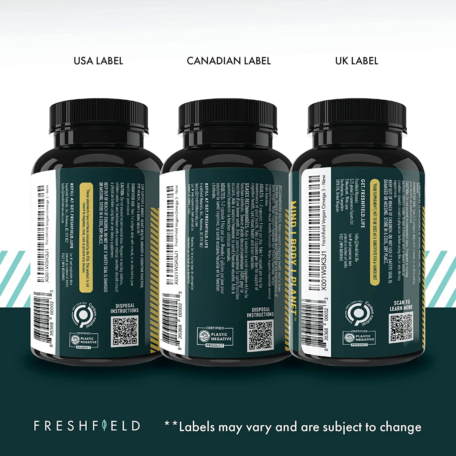 Freshfield Vegan Omega 3 DHA Supplement: Premium Algae Oil, 2 Month Supply, Plant Based, Sustainable, Premium and Mercury Free. Better Than Fish Oil! Supports Heart, Brain, Joint Health - w/DPA