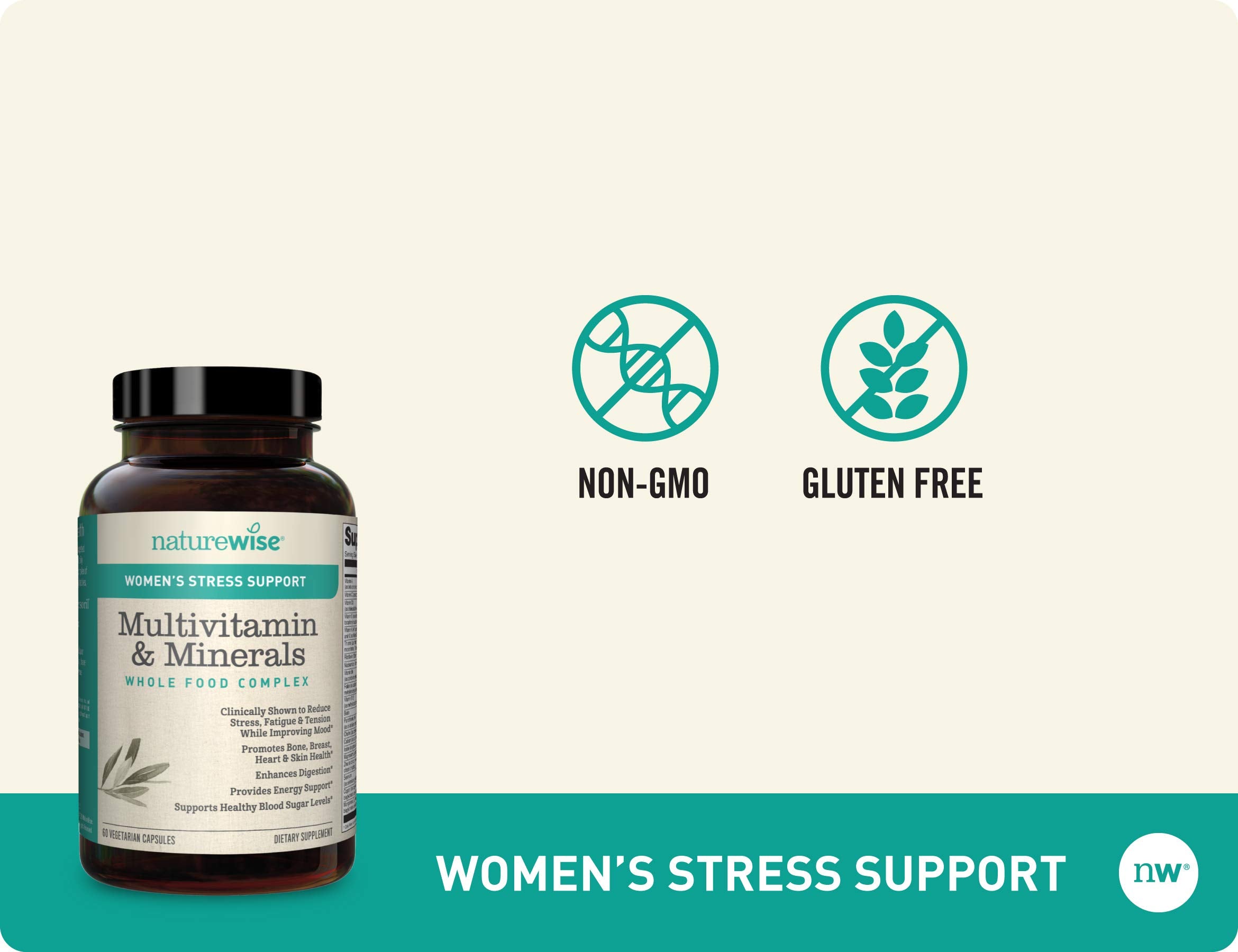 NatureWise Women’s Stress Support Multivitamin & Minerals Whole Food Complex with Sensoril Ashwagandha, Probiotics for Energy, Focus, Mood Balance (Packaging May Vary) (1 Month Supply – 60 Capsule)