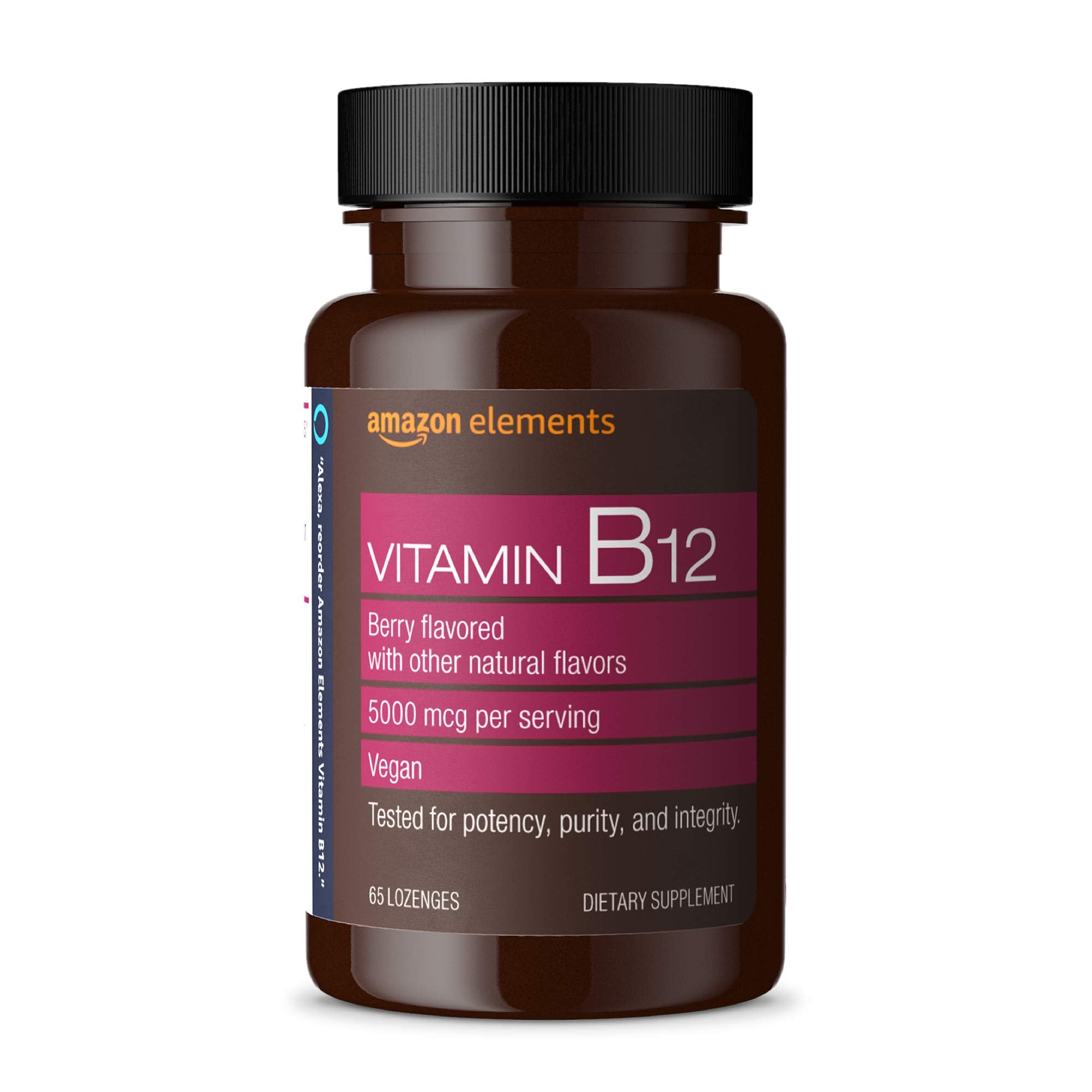 Amazon Elements Vitamin B12 Methylcobalamin 5000 mcg - Normal Energy Production and Metabolism, Immune System Support - 2 Month Supply, Berry Flavored Lozenges, 65 Count (Pack of 1)