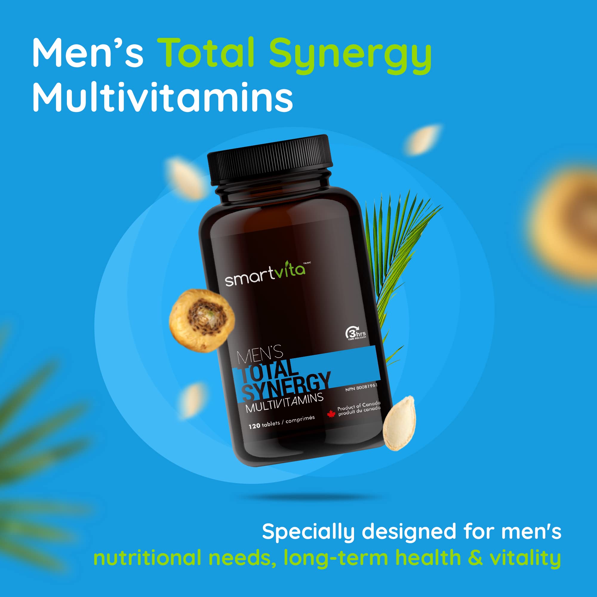 Smartvita - Total Synergy Multivitamins for Men, Vegan Multivitamins and Saw Palmetto for Men for Energy/Vitality, Brain, Heart and Eye Health, for Men Ages 25-65 Plus, 120 Tablets