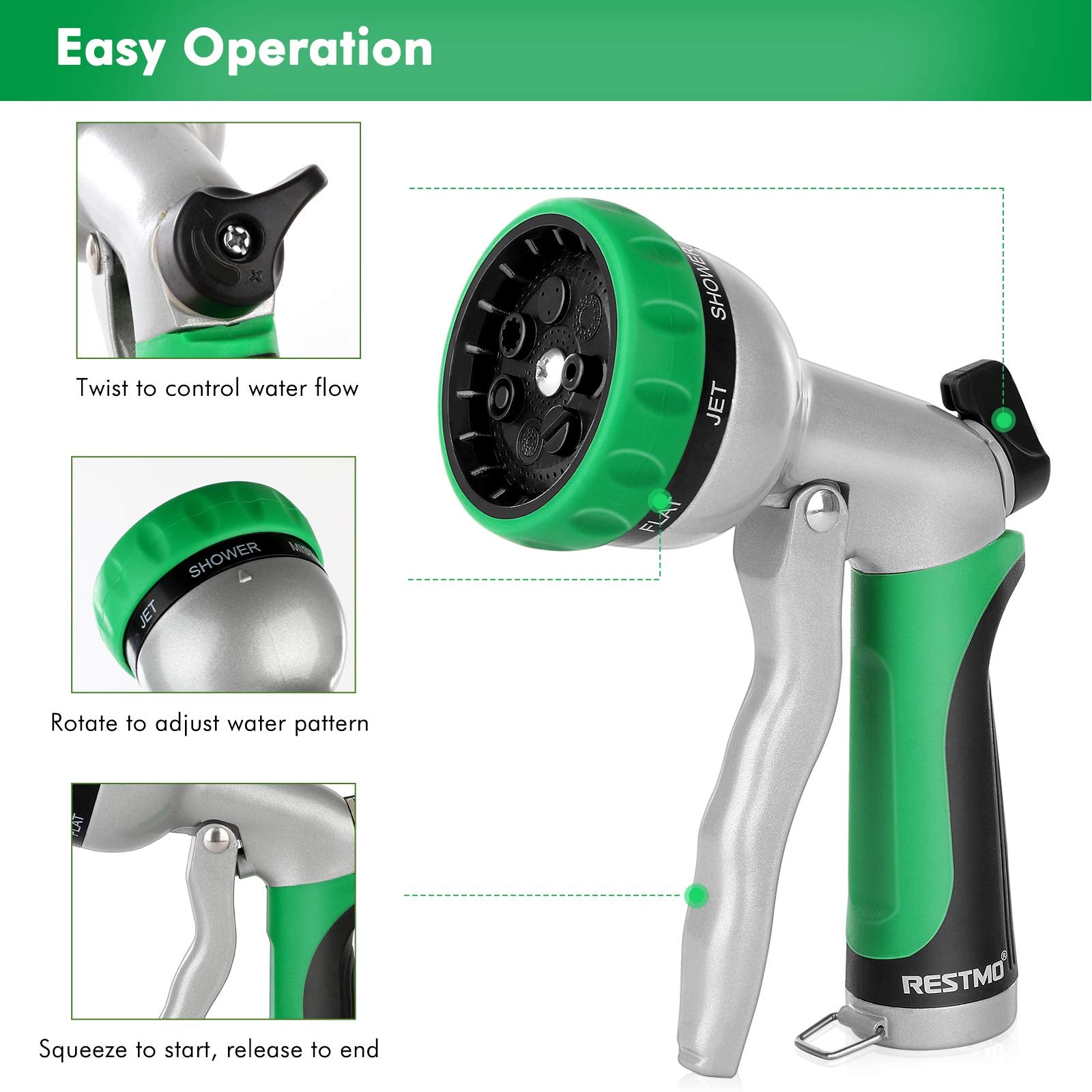 RESTMO Garden Hose Nozzle, Heavy Duty Metal Water Hose Nozzle with 7 Adjustable Spray Patterns, High Pressure Hand Sprayer with Flow Control, Best for Watering Plants & Lawns, Washing Cars & Pets