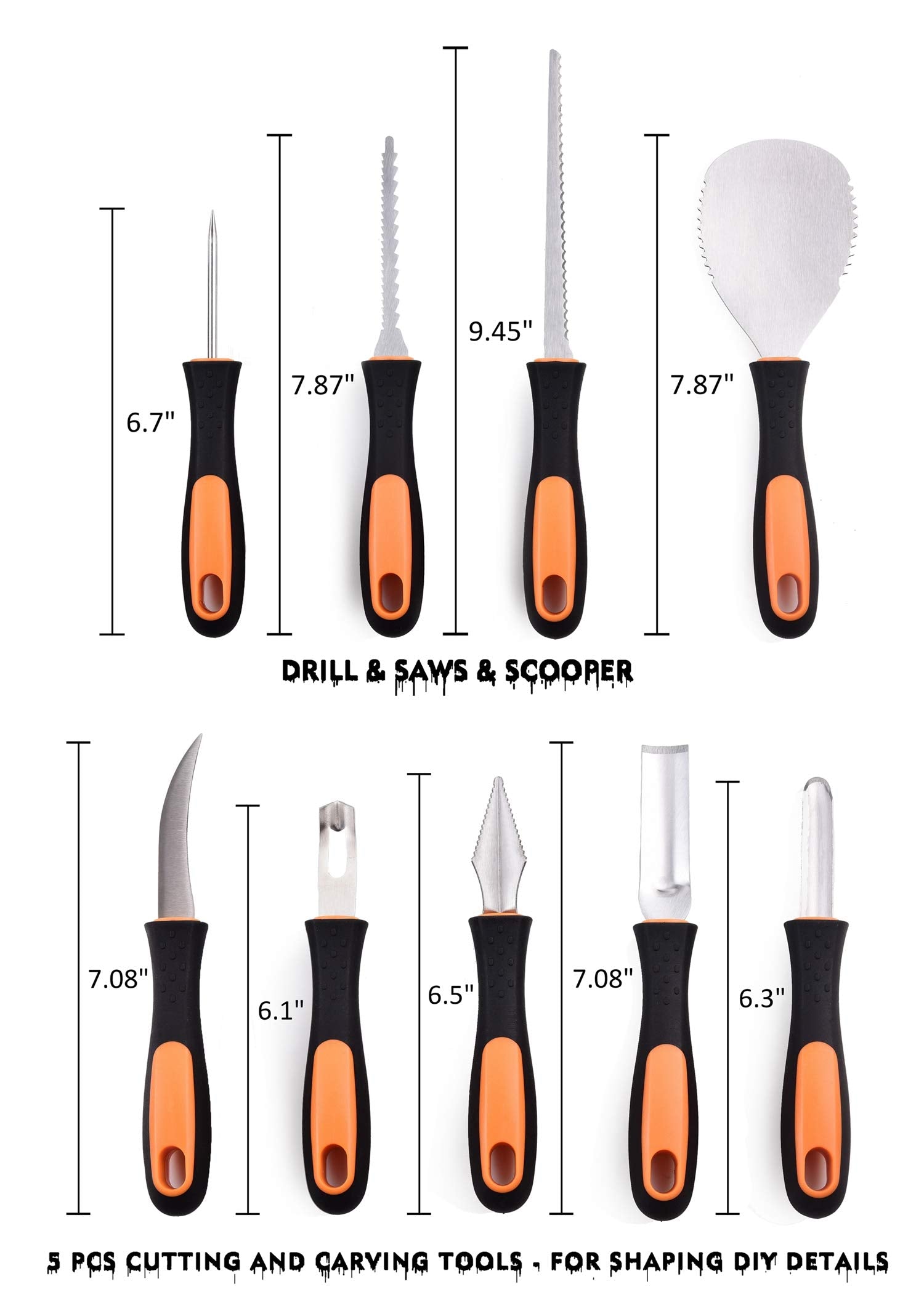 7Felicity Professional Halloween Pumpkin Carving Kit, Anti-Slip Rubber Handle, 9 Piece Stainless Steel Pumpkin Carving Tools Knife Set for Halloween DIY Decoration, with Storage Bag