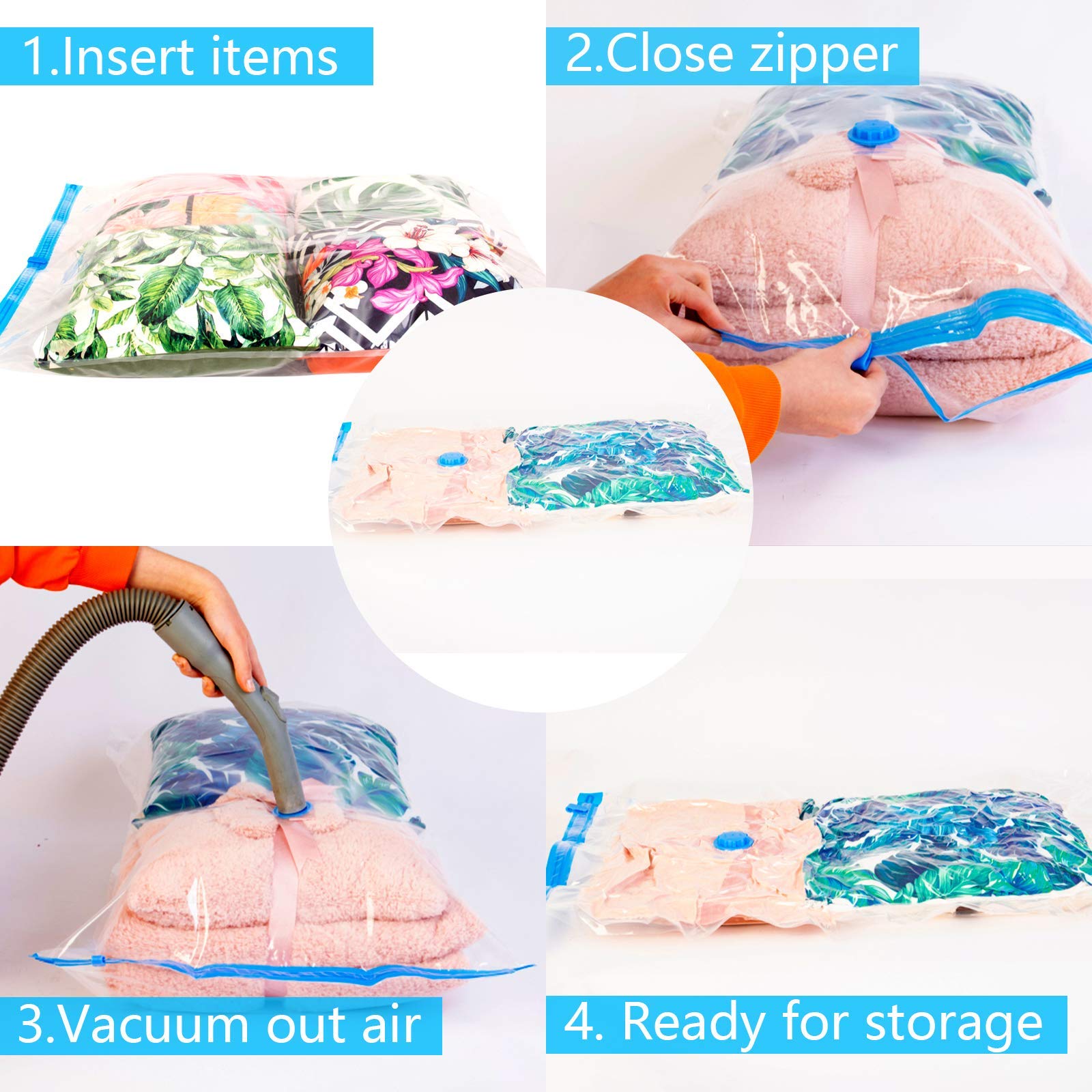 WISEWATER 10PCS Vacuum Storage Bags（2 x Jumbo, 2x Large, 2 x Medium, 2x Small，1x 3D，1x hand roll）Space Saving Bags with Travel Hand Pump（10pcs）