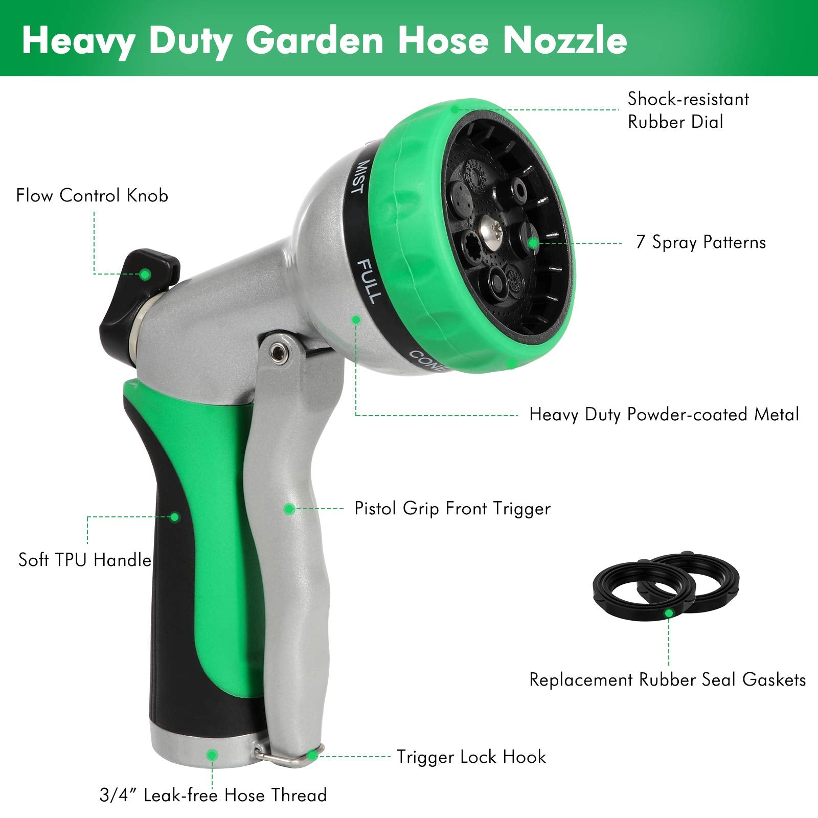 RESTMO Garden Hose Nozzle, Heavy Duty Metal Water Hose Nozzle with 7 Adjustable Spray Patterns, High Pressure Hand Sprayer with Flow Control, Best for Watering Plants & Lawns, Washing Cars & Pets