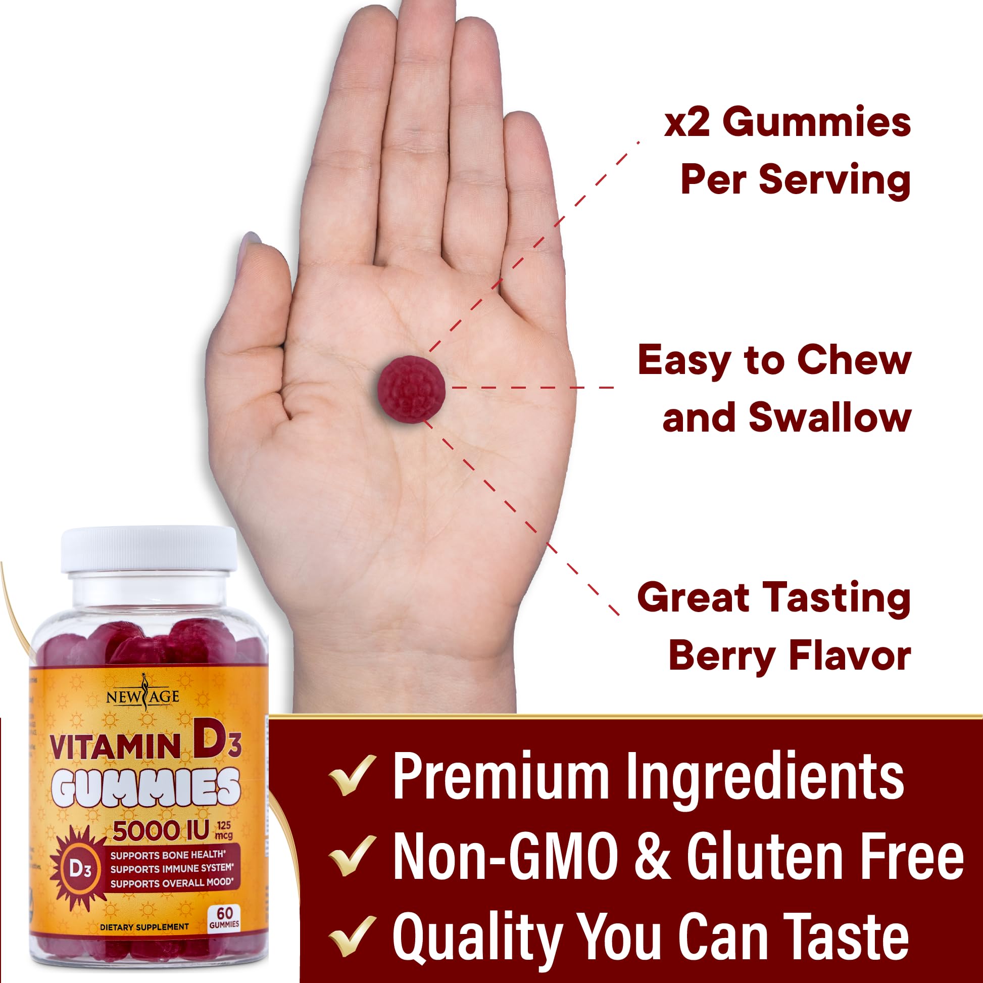 NEW AGE Vitamin D3 5000 IU 125mcg Gummies - Support Immune Support, Strong Bone Health - Non-GMO, Gluten-Free, Dairy-Free, No Gelatin (120 Gummies (Pack of 2))