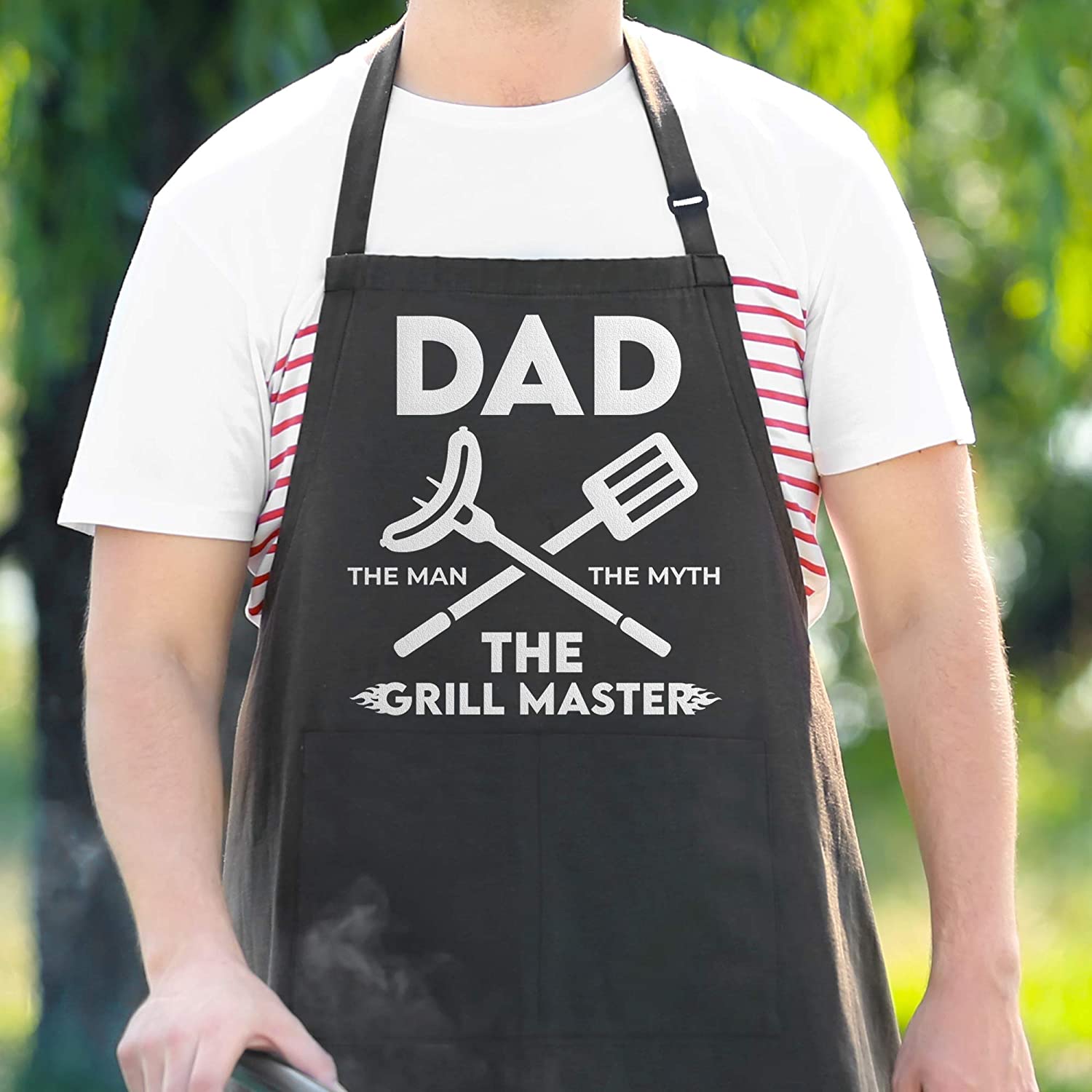 APRON DADDY Apron for Men - Dad The Man The Myth The Grill Master - Adjustable Large 1 Size Fits All - Poly/Cotton Apron with 2 Pockets - BBQ Gift Apron for Father, Husband, Chef