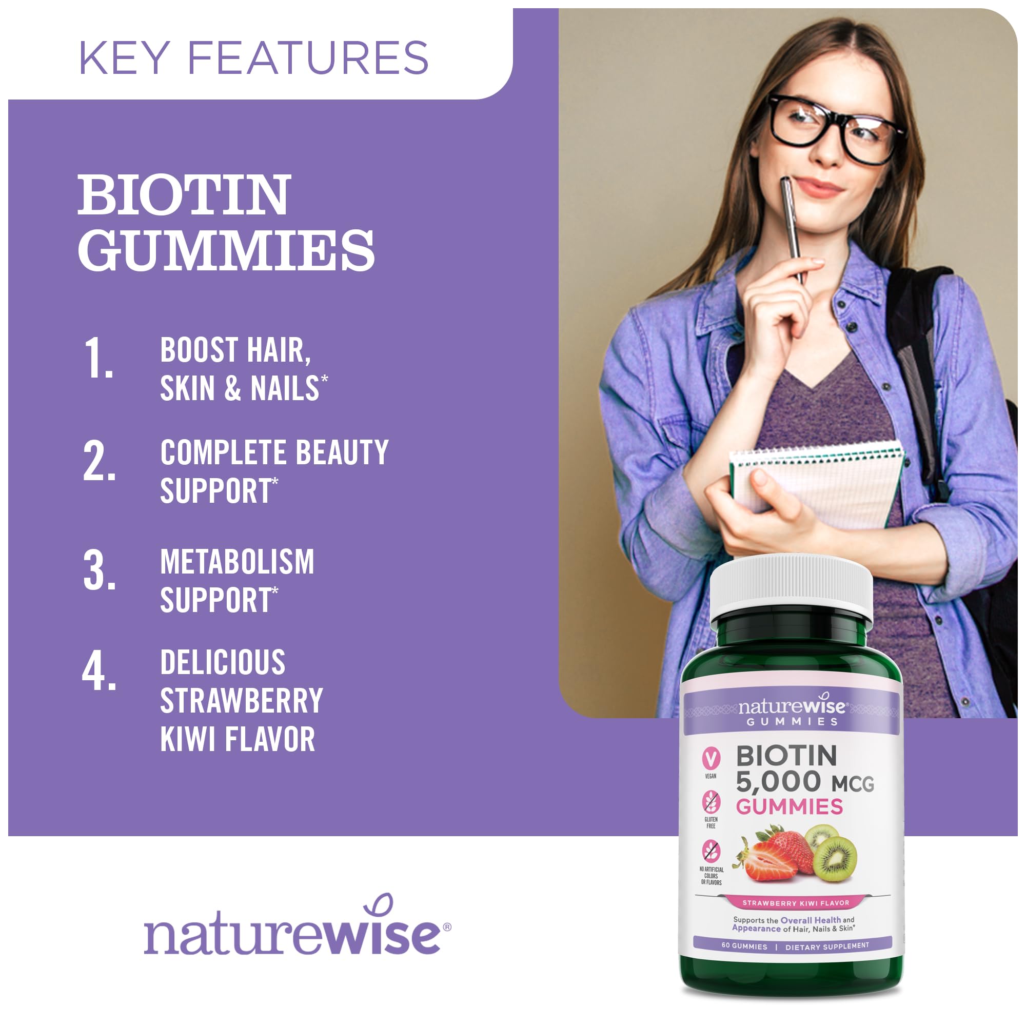 NatureWise Biotin Gummies - Beauty and Wellness Support for Hair, Skin, and Nails 5000mcg | Strawberry Kiwi Flavor Gummies 60 Count