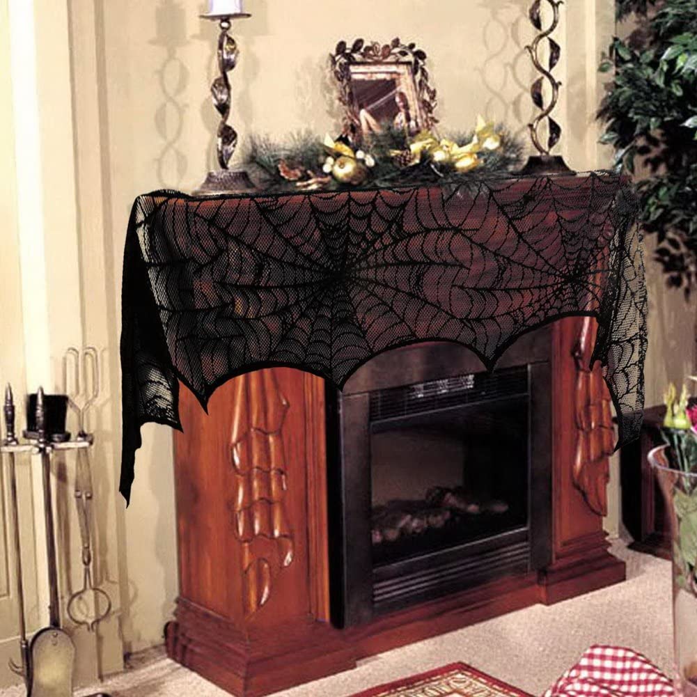 Halloween Decoration Black Lace Spiderweb Fireplace Mantle Scarf Cover